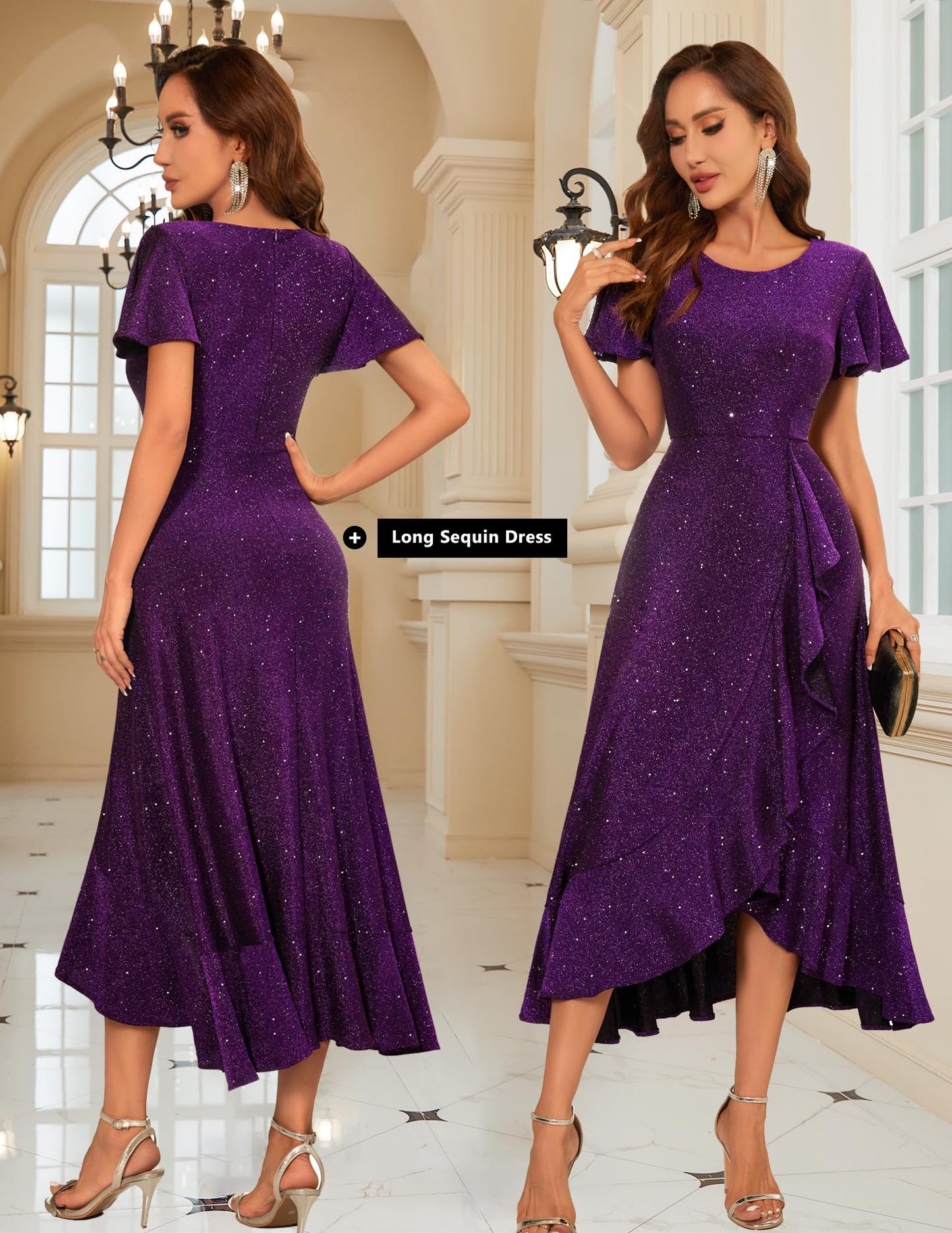 Berylove Damen Abendkleid Lang Glitzer Ballkleid mit Rüschen Saum Kleid Festliche Kleider für Hochzeit Partykleid