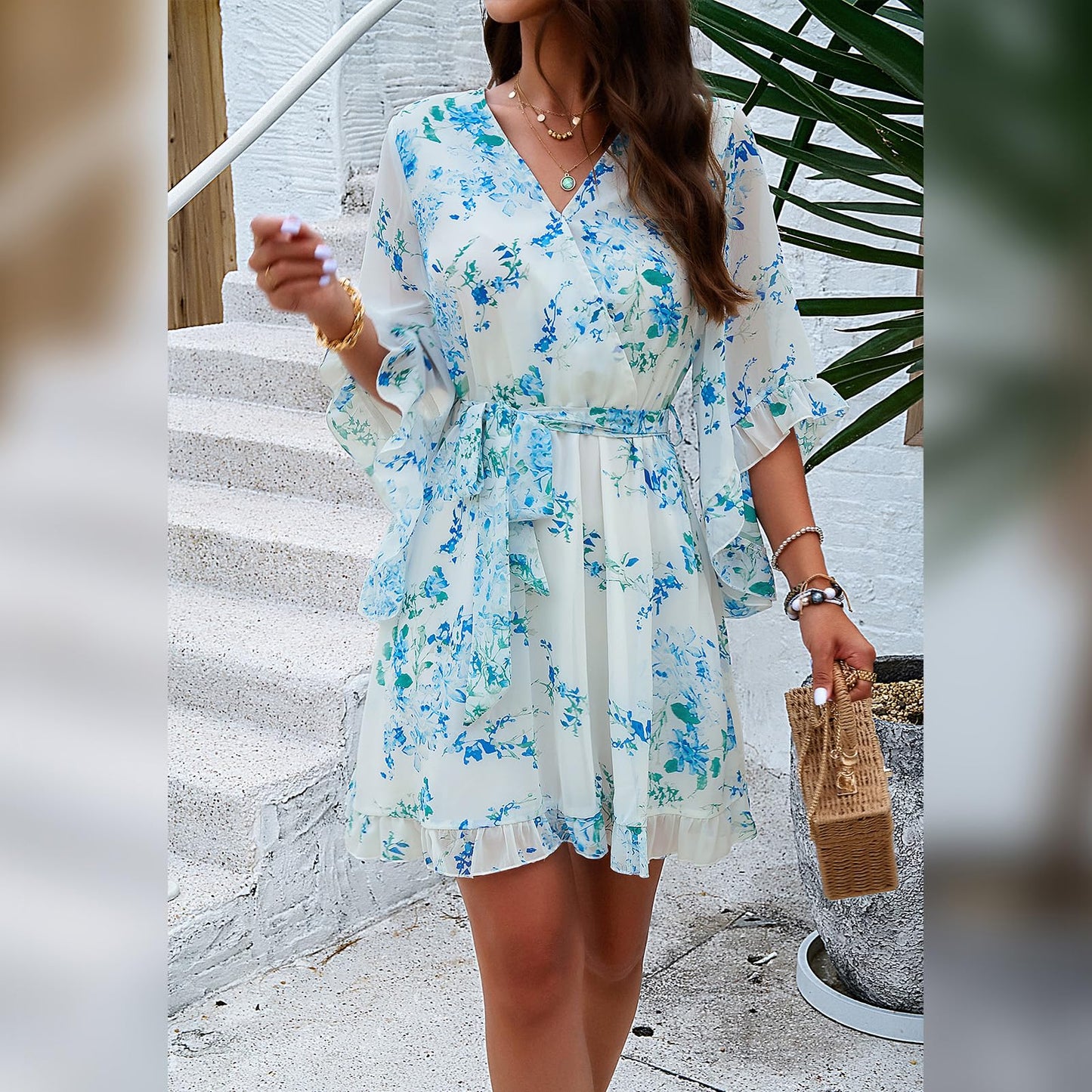 Odizli Sommerkleid Damen Kurz Elegant Blumen Chiffon V-Ausschnitt Wickelkleid