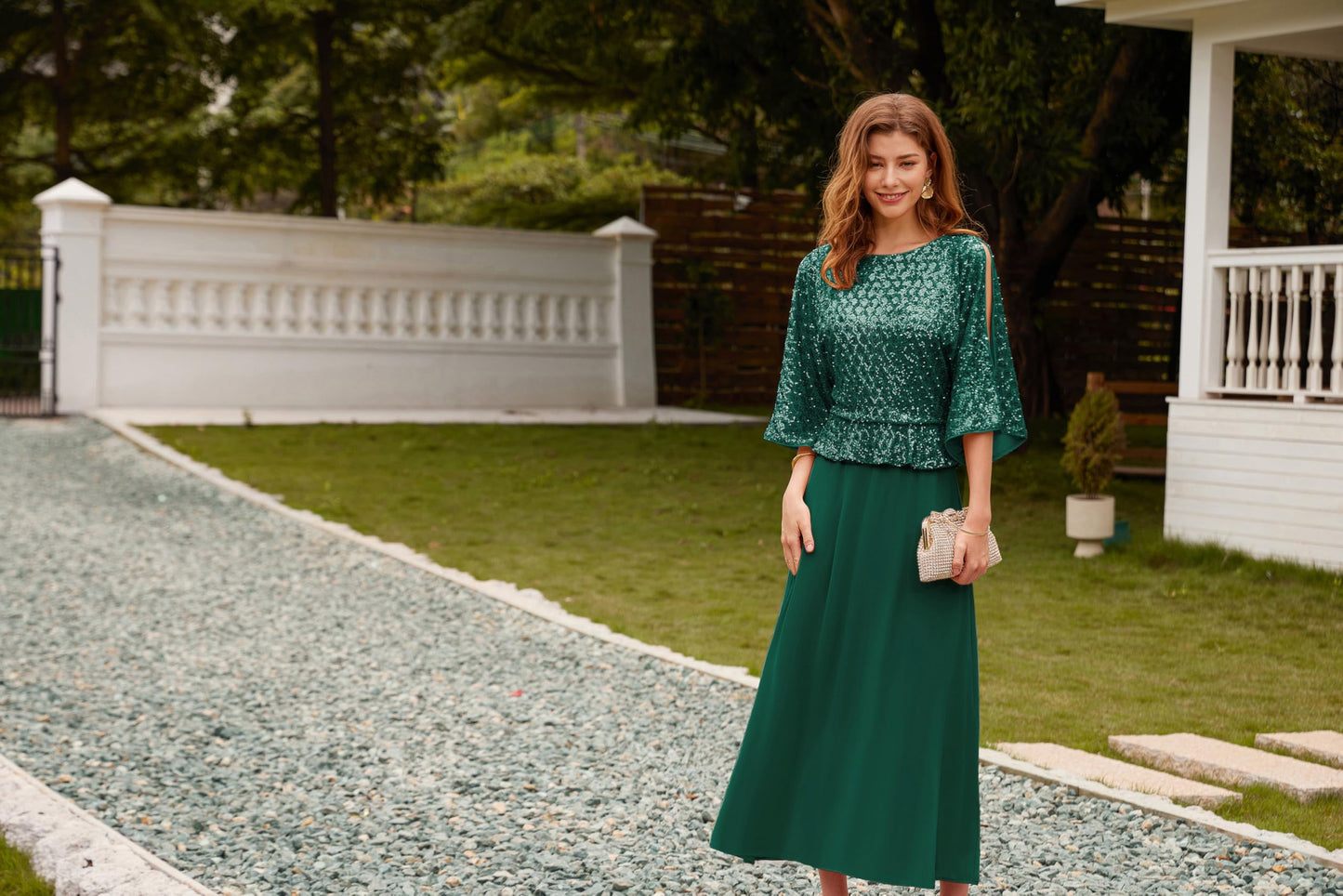 GRACE KARIN Cocktailkleid Damen Elegant Fledermaus Kleid 3/4 Ärmel A-Linie Glitzer Kleid Party Maxikleid