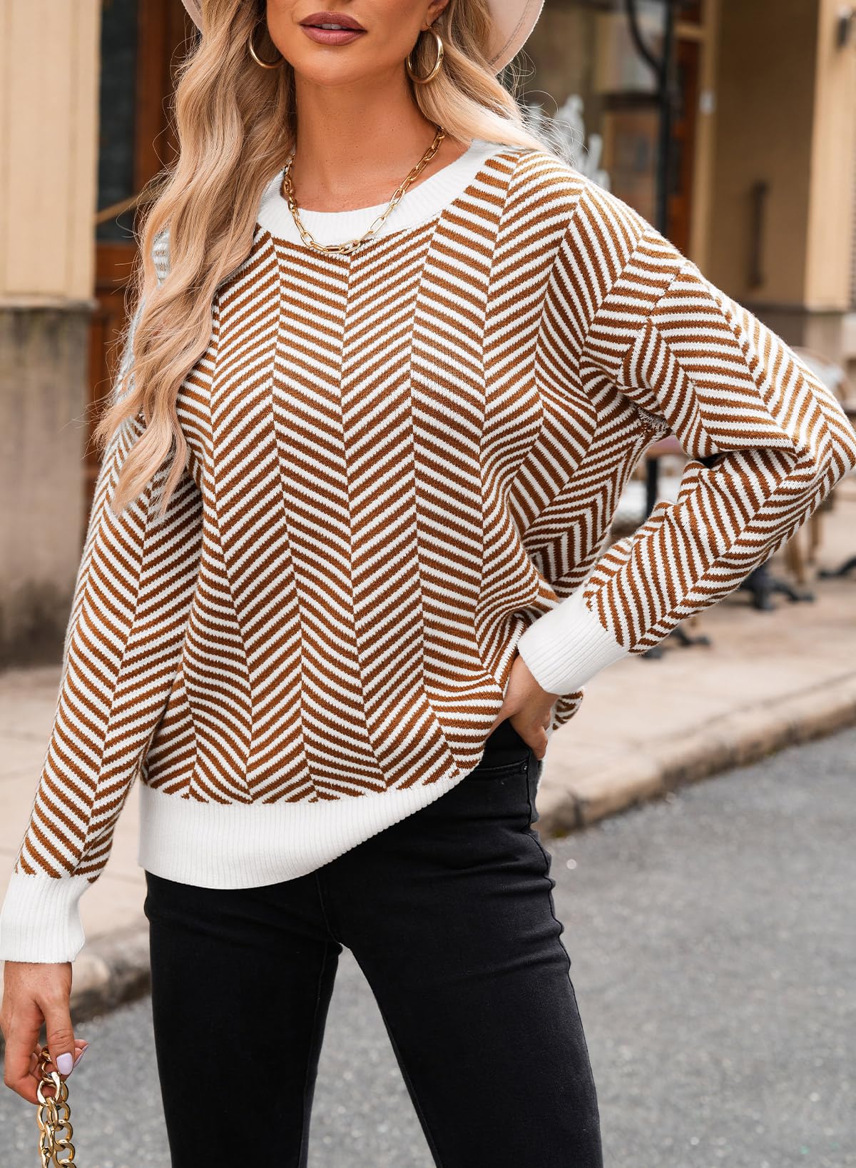 Dokotoo Damen Pullover Elegant Rundhals Gestreifter Strickpullover Warm Herbst Winterpullover Pulli Sweater S-XXL