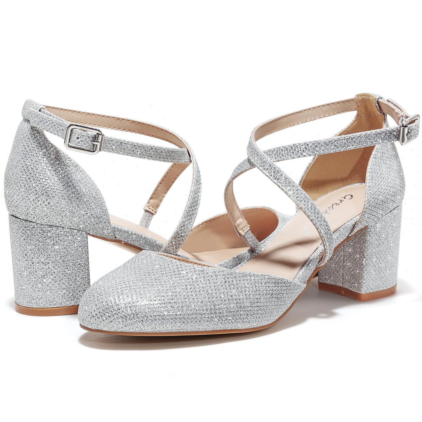 Greatonu Damen Pumps Riemchenpumps Spangenpumps Sandale mit Kreuz Knöchelriemen Blockabsatz Geschlossener Spitze Glitzer Pumps - Perfekt für Hochzeiten und Partys