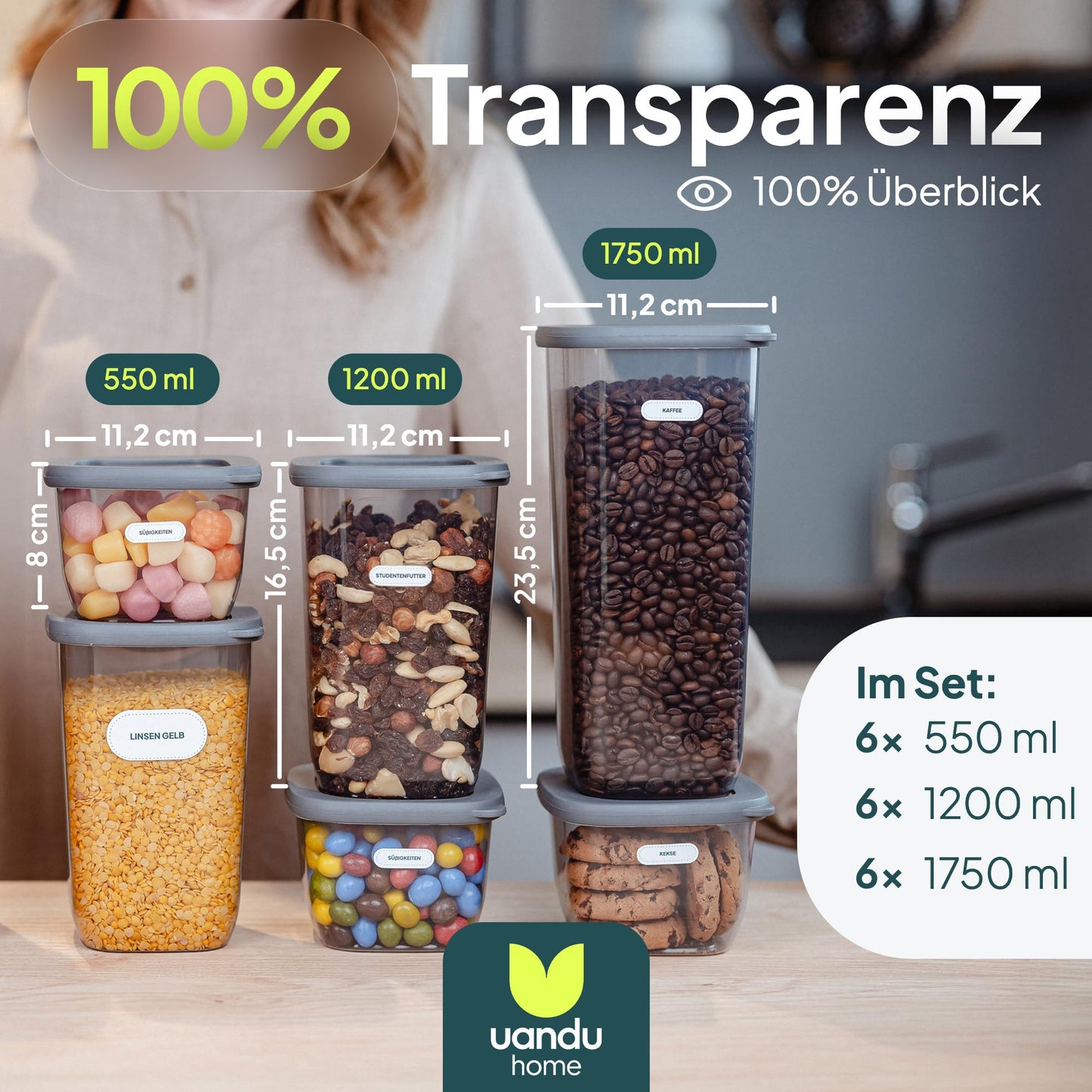 uandu Vorratsdosen mit Deckel Luftdicht - 12er Vorratsbehälter Set | Aufbewahrungsbox Küche Aufbewahrung & Organisation | BPA Frei | Küchen Organizer | Vorratsdosen für alle trockenen Lebensmittel