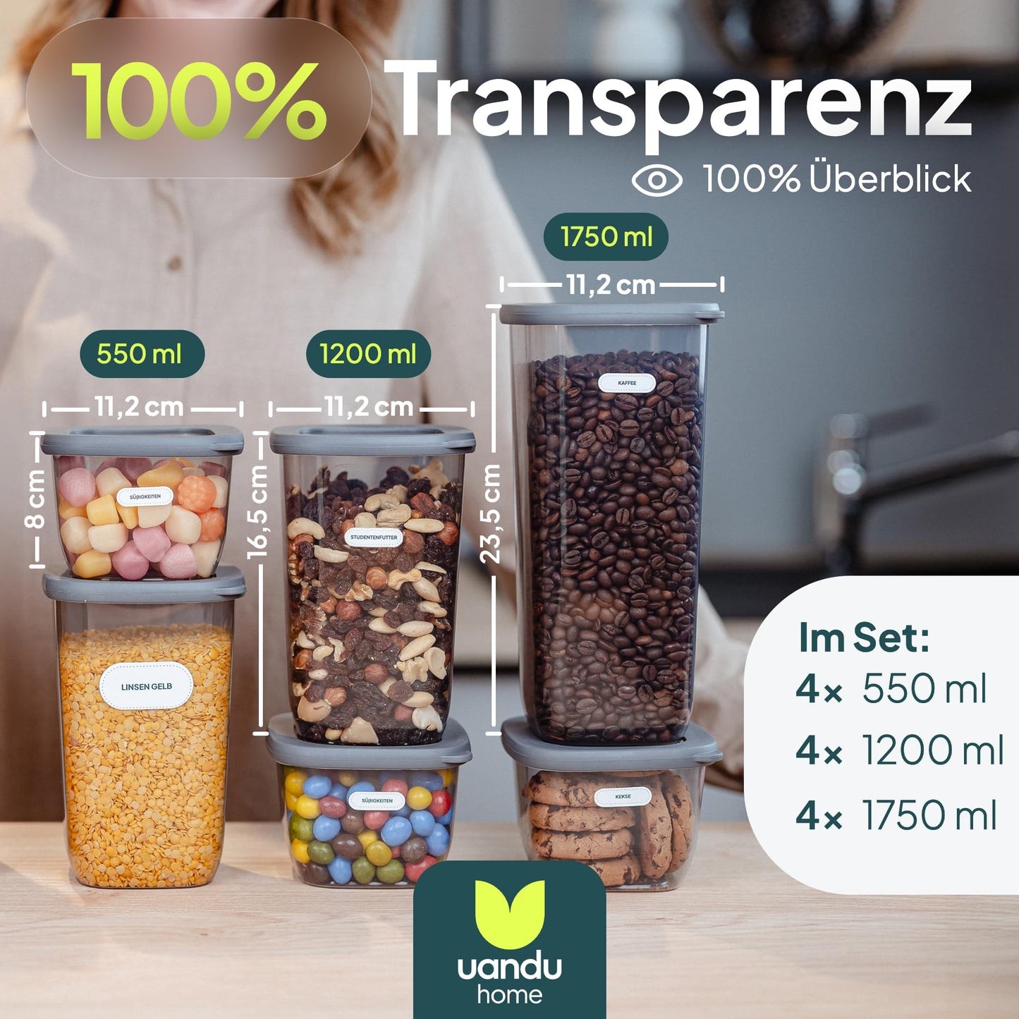 uandu Vorratsdosen mit Deckel Luftdicht - 12er Vorratsbehälter Set | Aufbewahrungsbox Küche Aufbewahrung & Organisation | BPA Frei | Küchen Organizer | Vorratsdosen für alle trockenen Lebensmittel