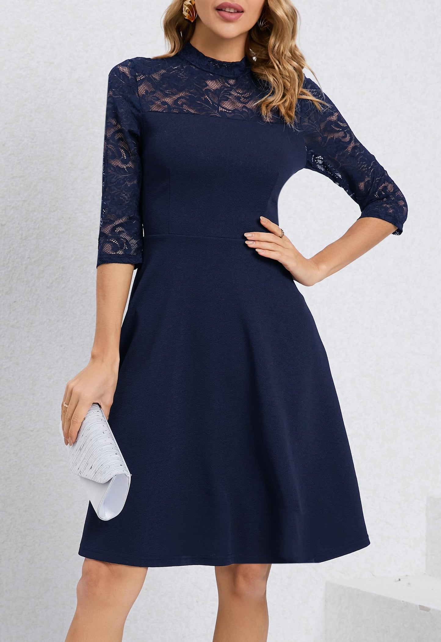 HOMEYEE Damen Elegant Spitze 3/4 Ärmel Rockabilly Kleid Retro Knielang Cocktailkleid für Hochzeit A368