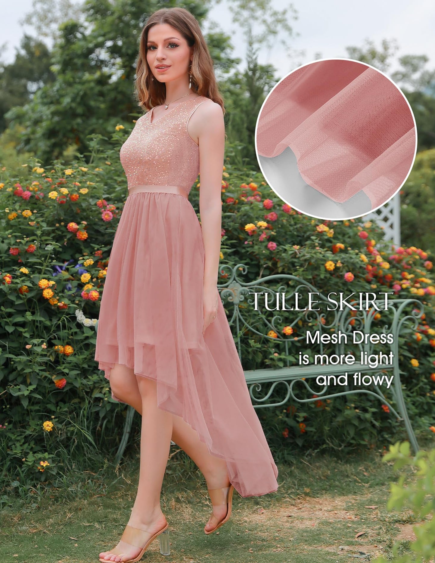 Berylove Kleid Festlich Damen Abendkleid mit Pailletten Cocktailkleid Ballkleid Lang Glitzer V Ausschnitt Ärmellos Tüllkleid