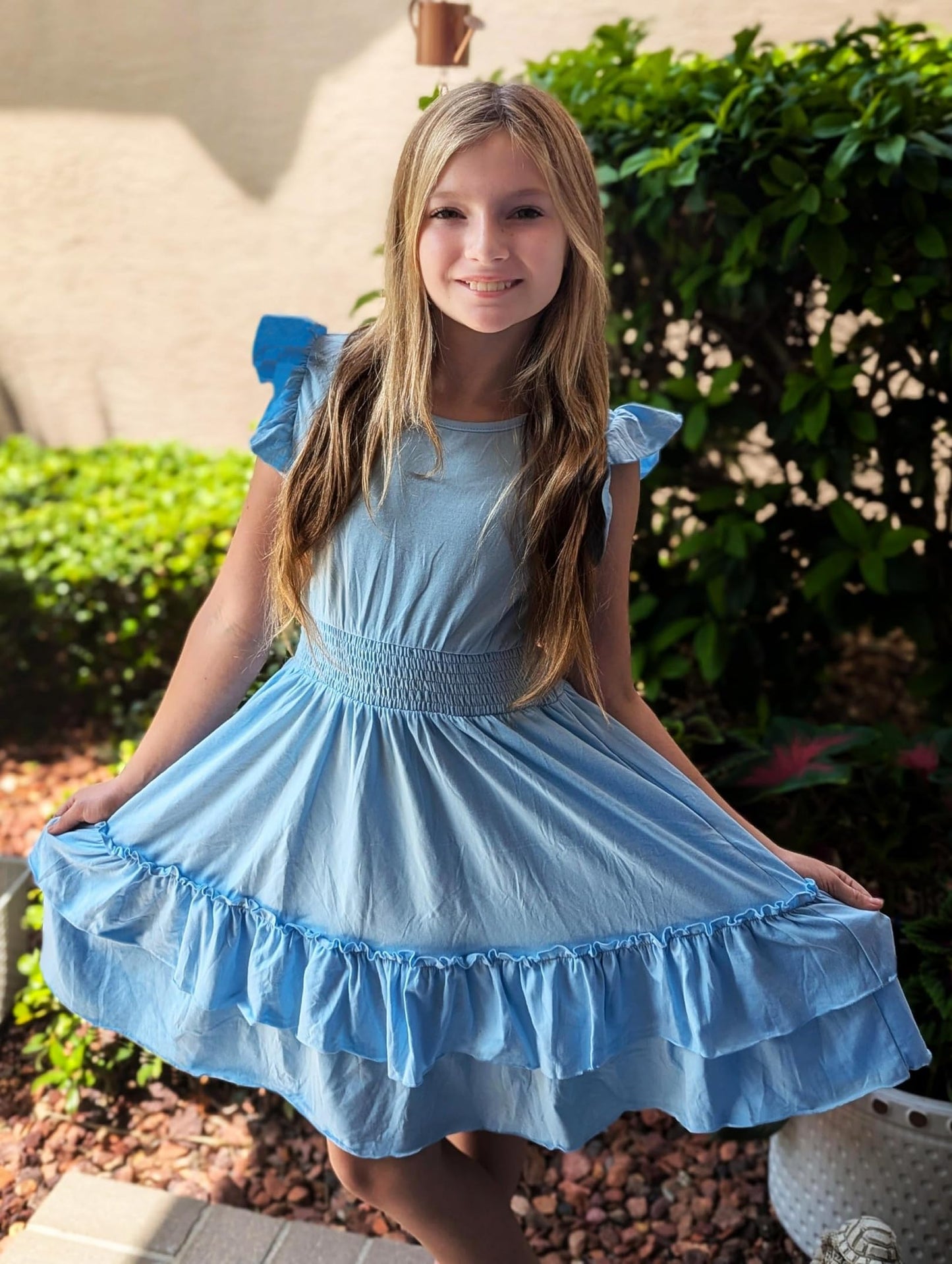 Arshiner Mädchen Kleider Flatterärmel Kinder Sommer Baumwolle Festliche Kleid A-Linie Taille Einschnüren Freizeitkleid Swingkleid Elegant ärmelloses Kleid für Mädchen 5-13 Jahre