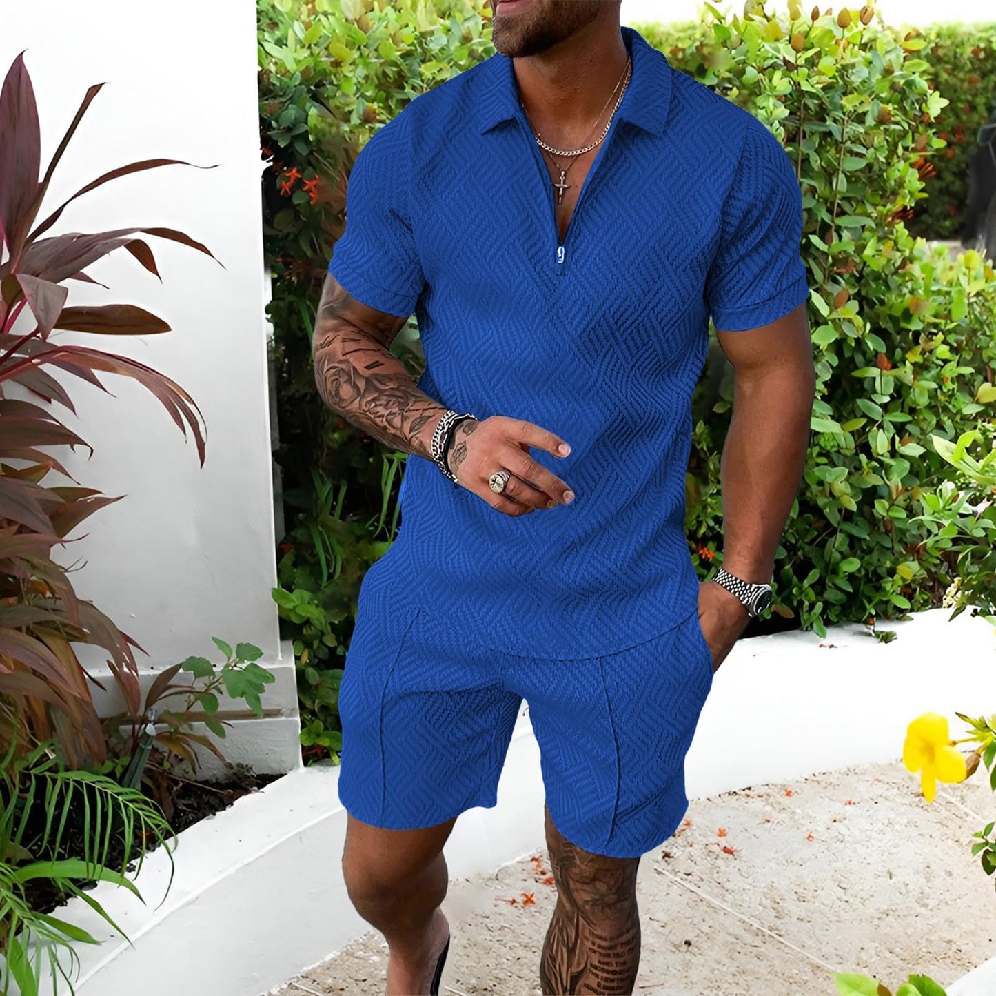 Herren Sportanzug Sommer Trainingsanzug Kurzarm Reißverschluss Top und Shorts Kleidung Set