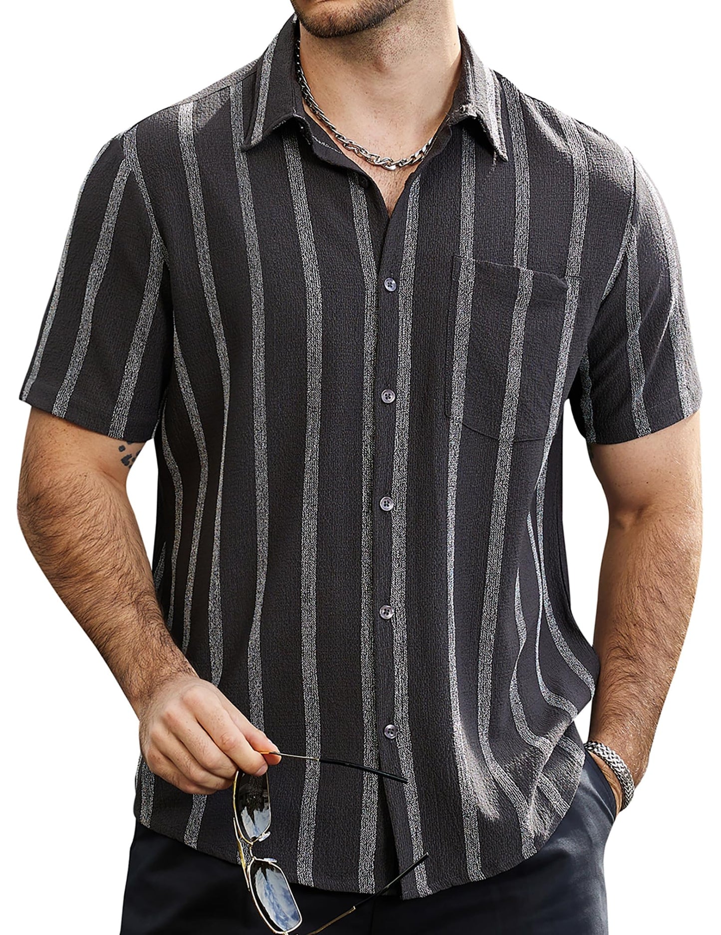 VATPAVE Herren Sommer Gestreifte Hemden Button Down Kurzarm Vintage Strand Hawaii Hemden mit Tasche