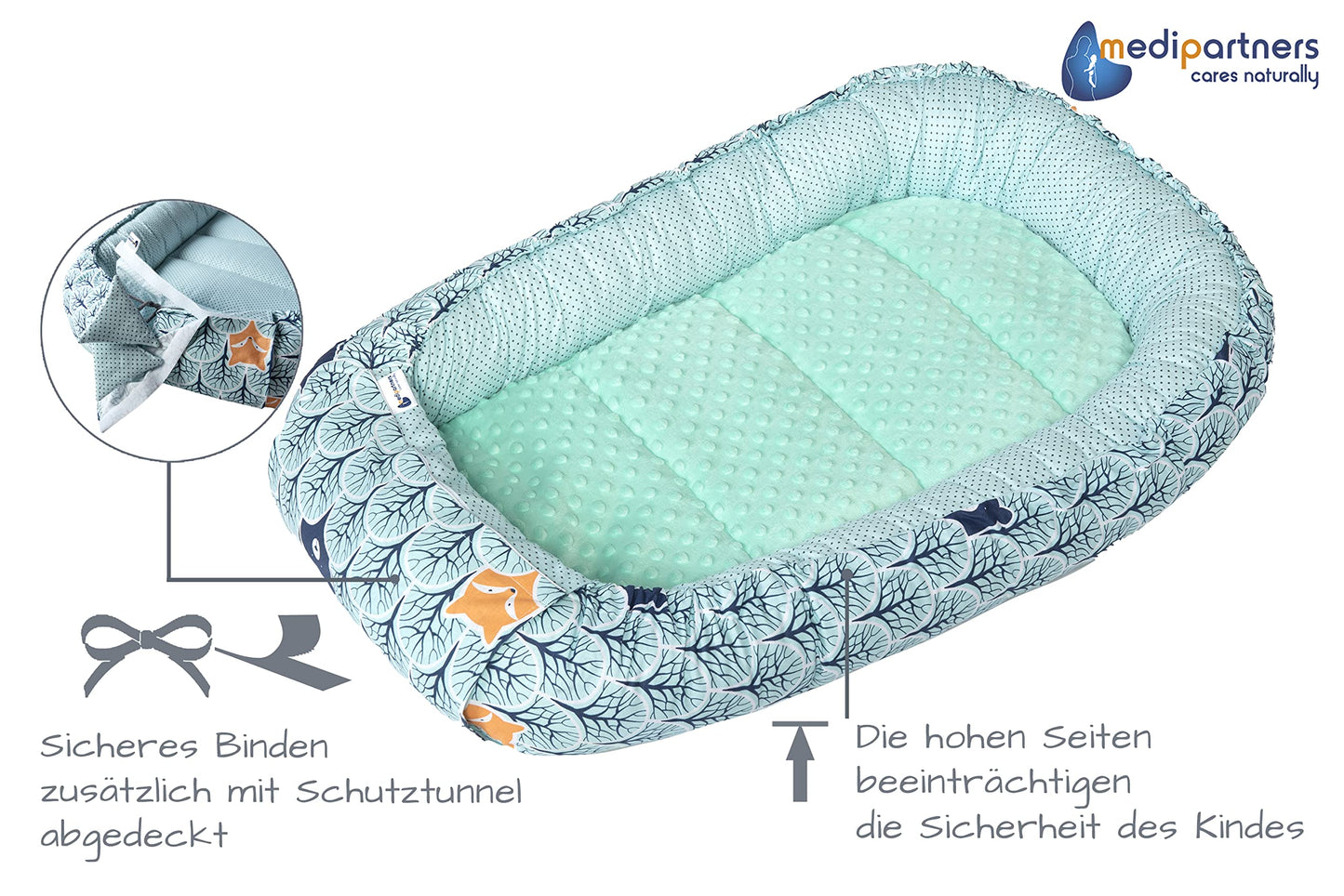 Medi Partners Babynest Nestchen Baby Set für Neugeborene - 100x60x15 Kuschelnest 5 teilig tragbar Nest zweiseitig Babynestchen Bett 100% Baumwolle (Lichtung mit grauem Minky)