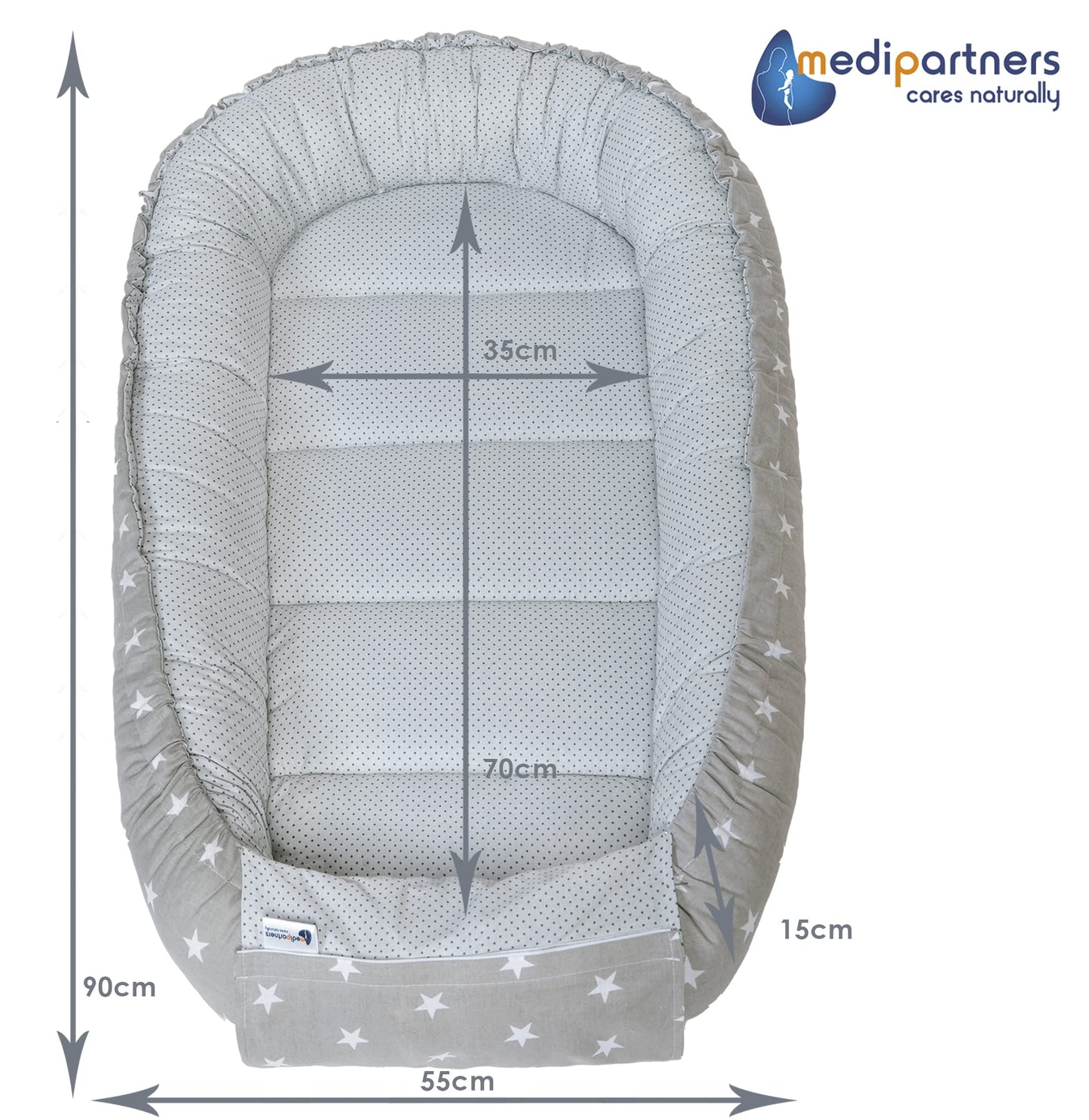 Medi Partners Babynest Nestchen Baby Set für Neugeborene - 100x60x15 Kuschelnest 5 teilig tragbar Nest zweiseitig Babynestchen Bett 100% Baumwolle (Lichtung mit grauem Minky)