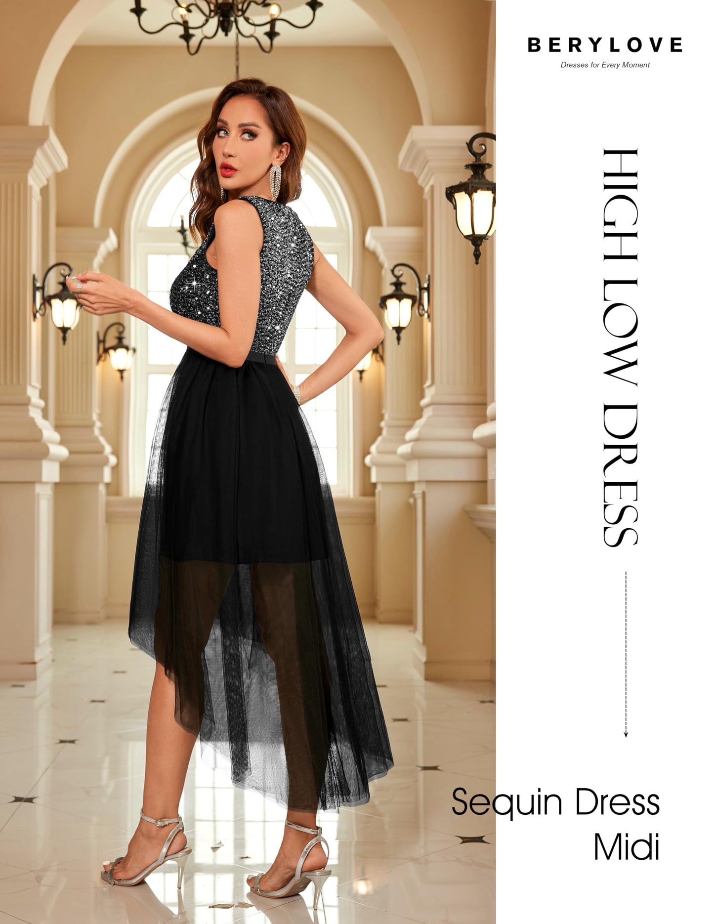 Berylove Kleid Festlich Damen Abendkleid mit Pailletten Cocktailkleid Ballkleid Lang Glitzer V Ausschnitt Ärmellos Tüllkleid