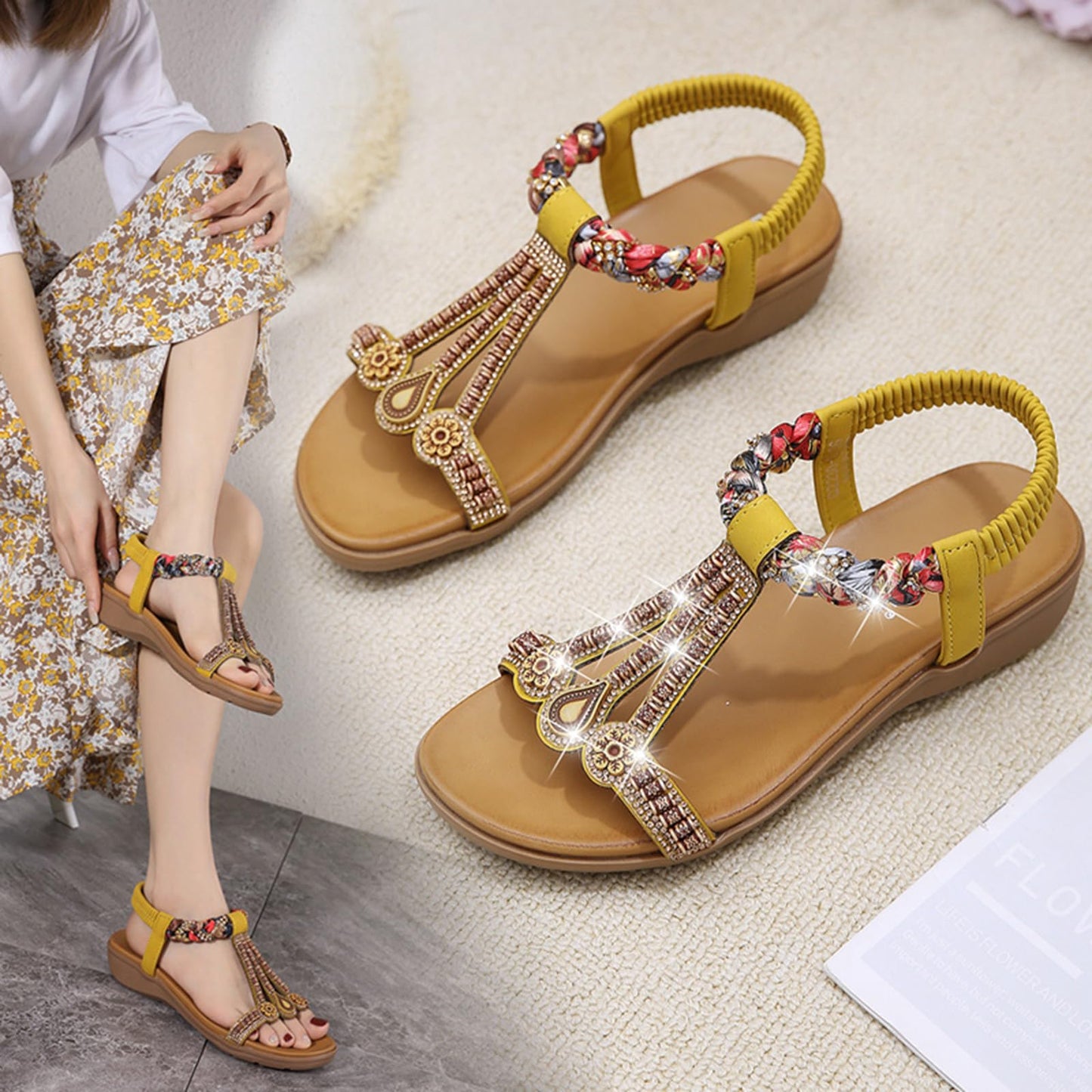 Meik Mangni Damen Sandalen Sommer Bohemian Flache Zehentrenner Strass Sandaletten Strand Schuhe Plattform Flip Flops Gr.36-42