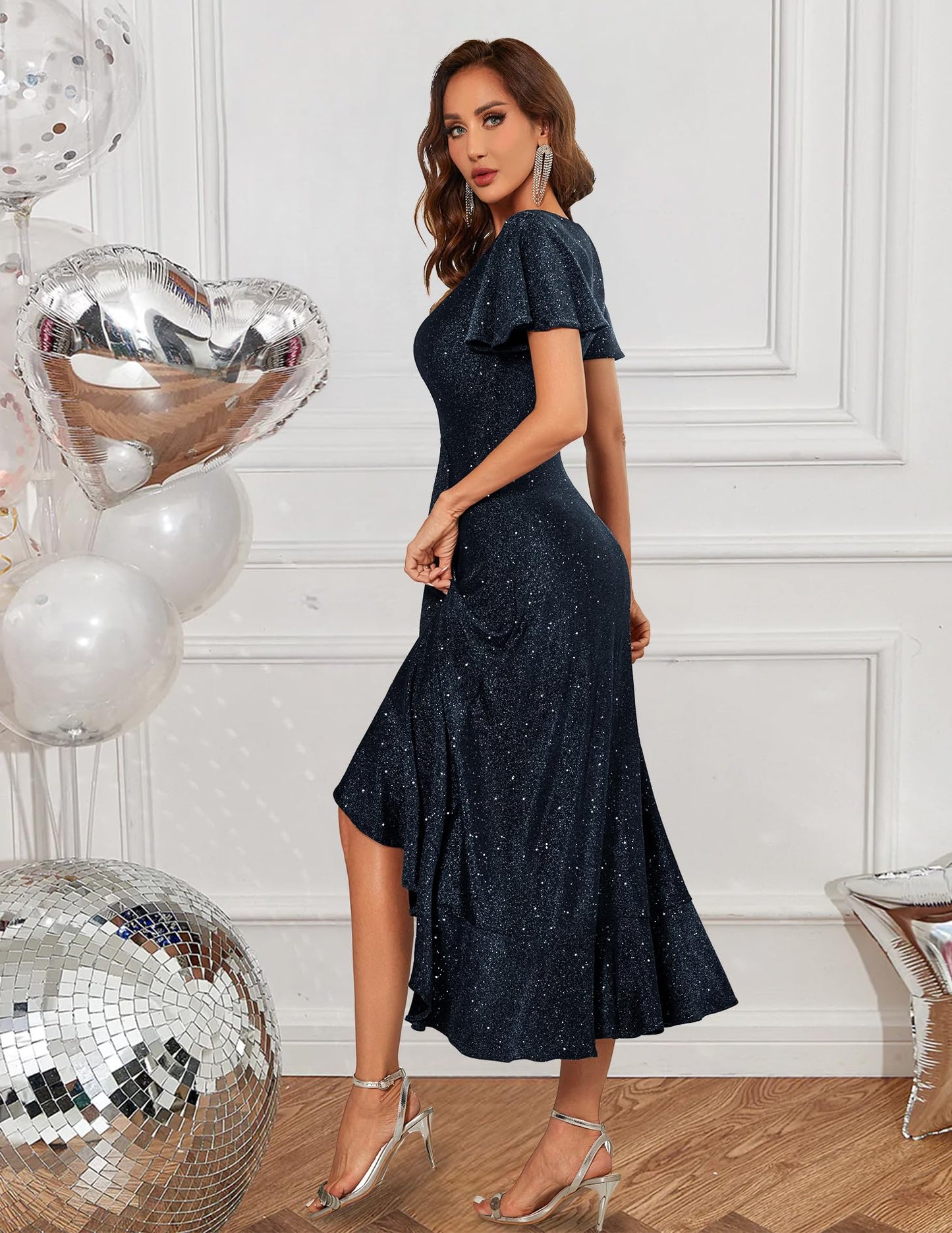 Berylove Damen Abendkleid Lang Glitzer Ballkleid mit Rüschen Saum Kleid Festliche Kleider für Hochzeit Partykleid