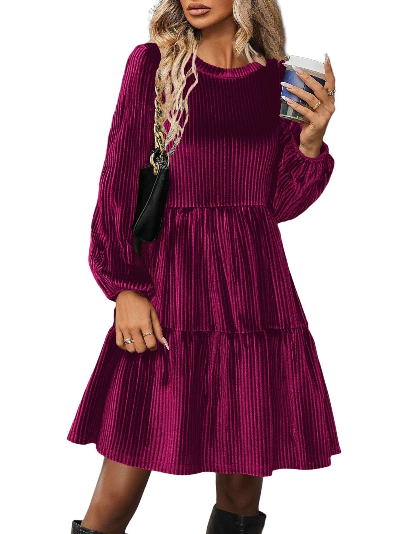 Zeagoo Damen Kleider Langarm Elegant Samtkleid Rundhals Rüschen A Linie Hohe Taille Freizeitkleider Winterkleid mit Taschen