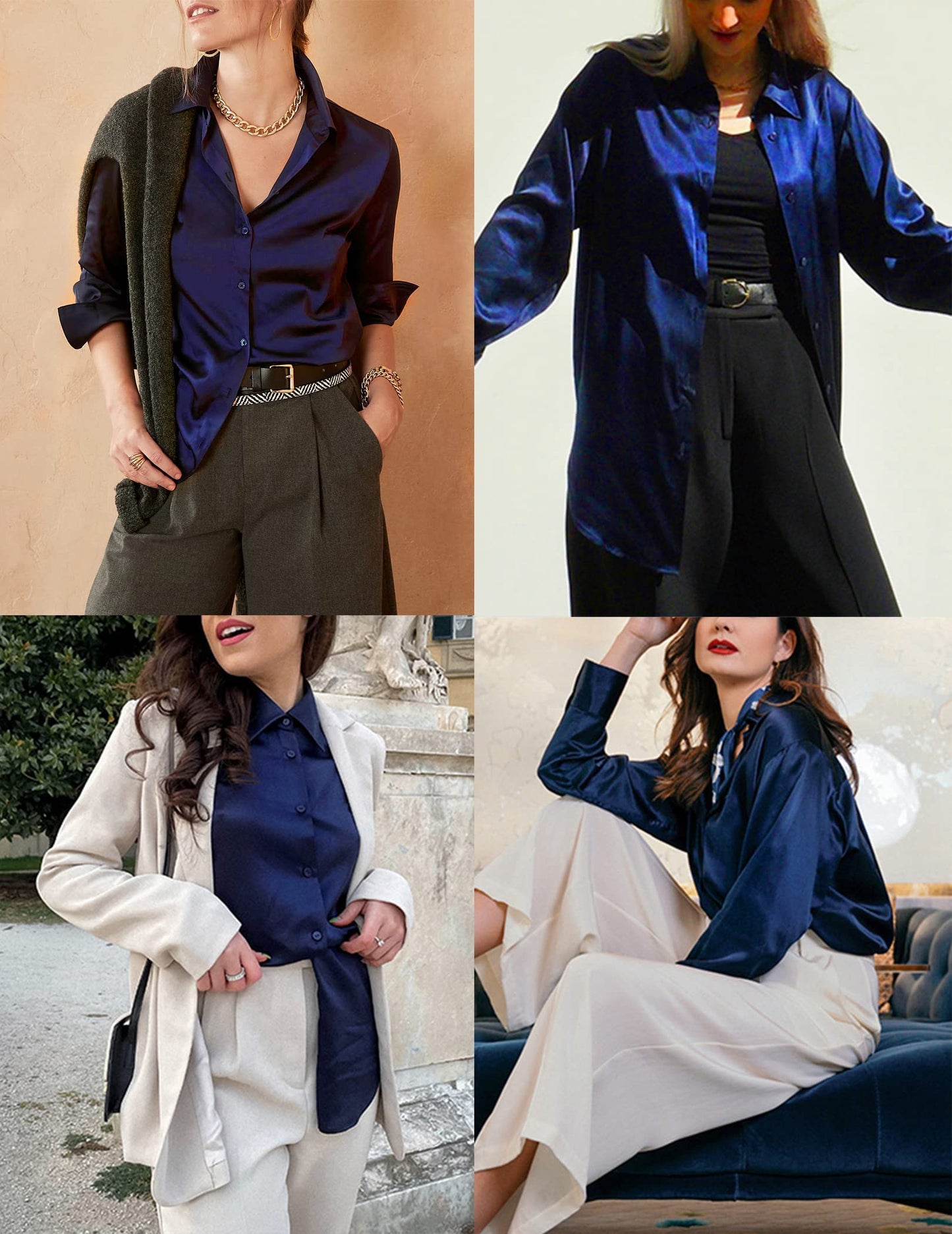 Beyove Damen Bluse Satin Seide V-Ausschnitt Hemden Elegant Langarm Business Oberteile mit Knöpfen Tops Lose Langarmshirt