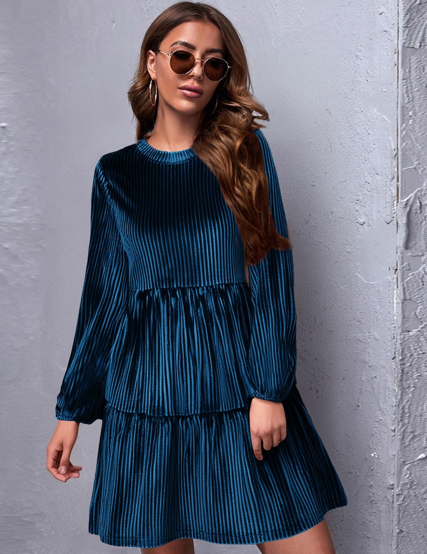Zeagoo Damen Kleider Langarm Elegant Samtkleid Rundhals Rüschen A Linie Hohe Taille Freizeitkleider Winterkleid mit Taschen