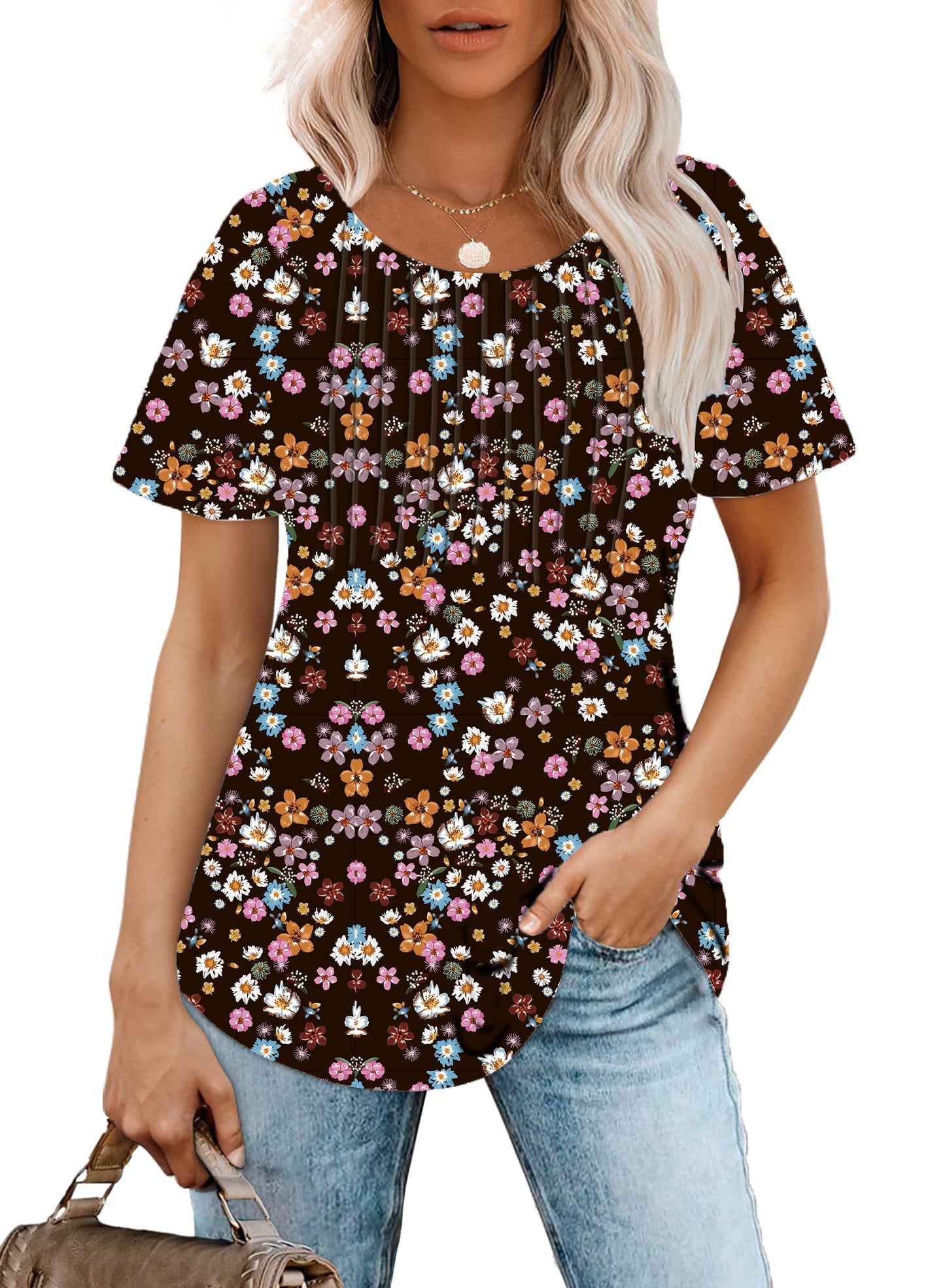 Cuptacc Tshirt Damen Rundhals Mit Falten Locker Puffärmel T-Shirt Elegant Kurzarm Geblümt/Einfarbig Top Damen