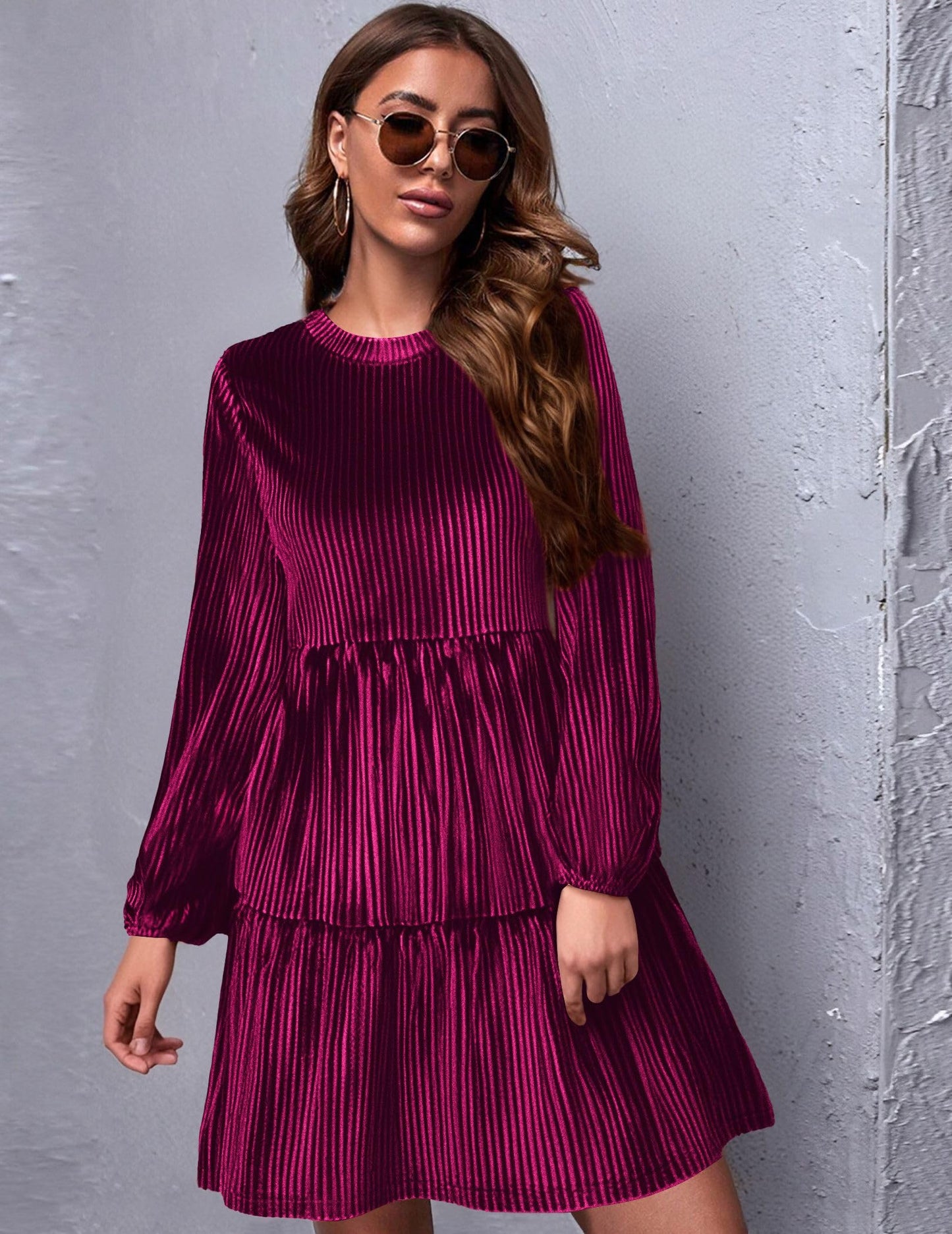 Zeagoo Damen Kleider Langarm Elegant Samtkleid Rundhals Rüschen A Linie Hohe Taille Freizeitkleider Winterkleid mit Taschen