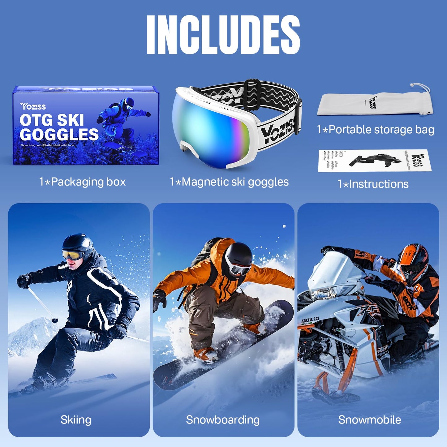 YOZISS OTG Ski Goggles for Men and Women, Magnetic Snowboard Goggles Anti-Fog & 100% UV Protection, OTG Ski Goggles Snow Goggles for Skiing & Winter Sports