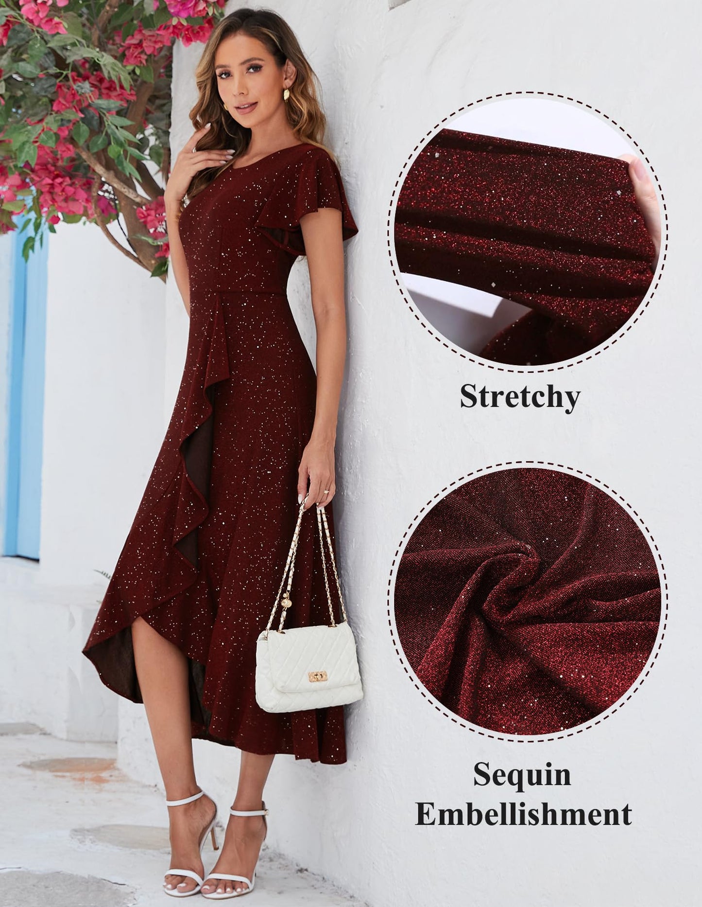Berylove Damen Abendkleid Lang Glitzer Ballkleid mit Rüschen Saum Kleid Festliche Kleider für Hochzeit Partykleid