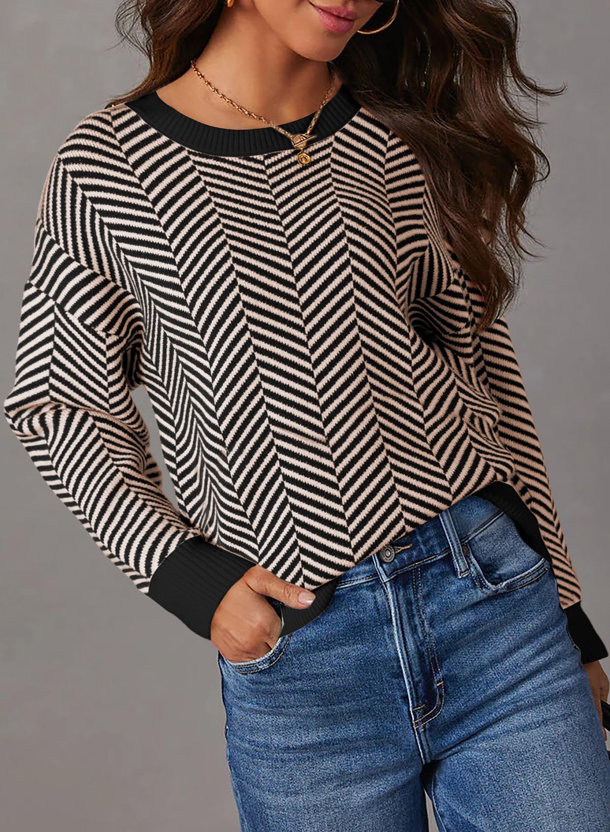 Dokotoo Damen Pullover Elegant Rundhals Gestreifter Strickpullover Warm Herbst Winterpullover Pulli Sweater S-XXL