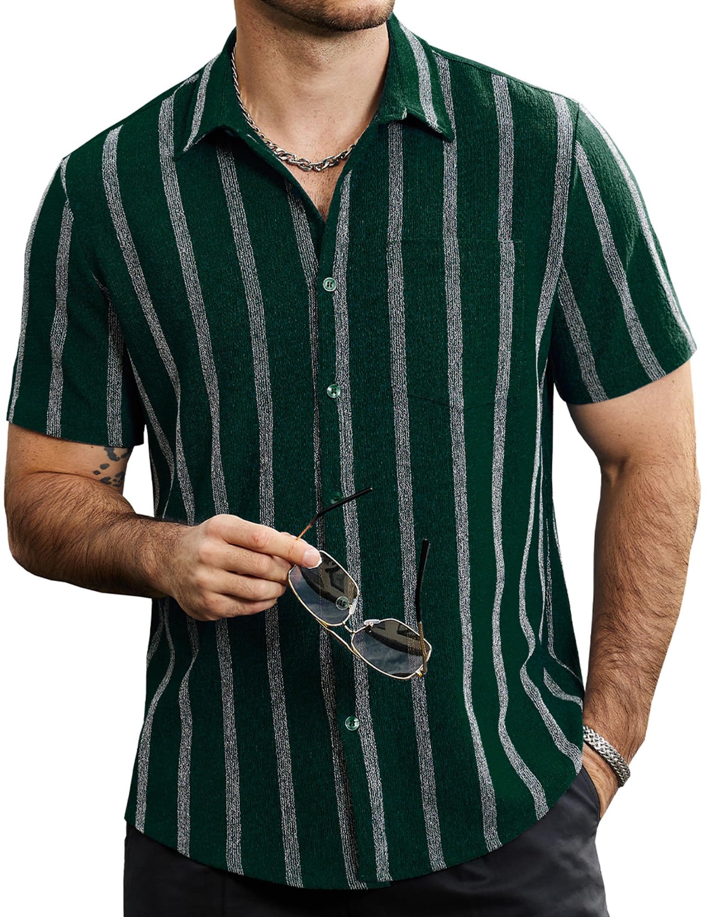VATPAVE Herren Sommer Gestreifte Hemden Button Down Kurzarm Vintage Strand Hawaii Hemden mit Tasche