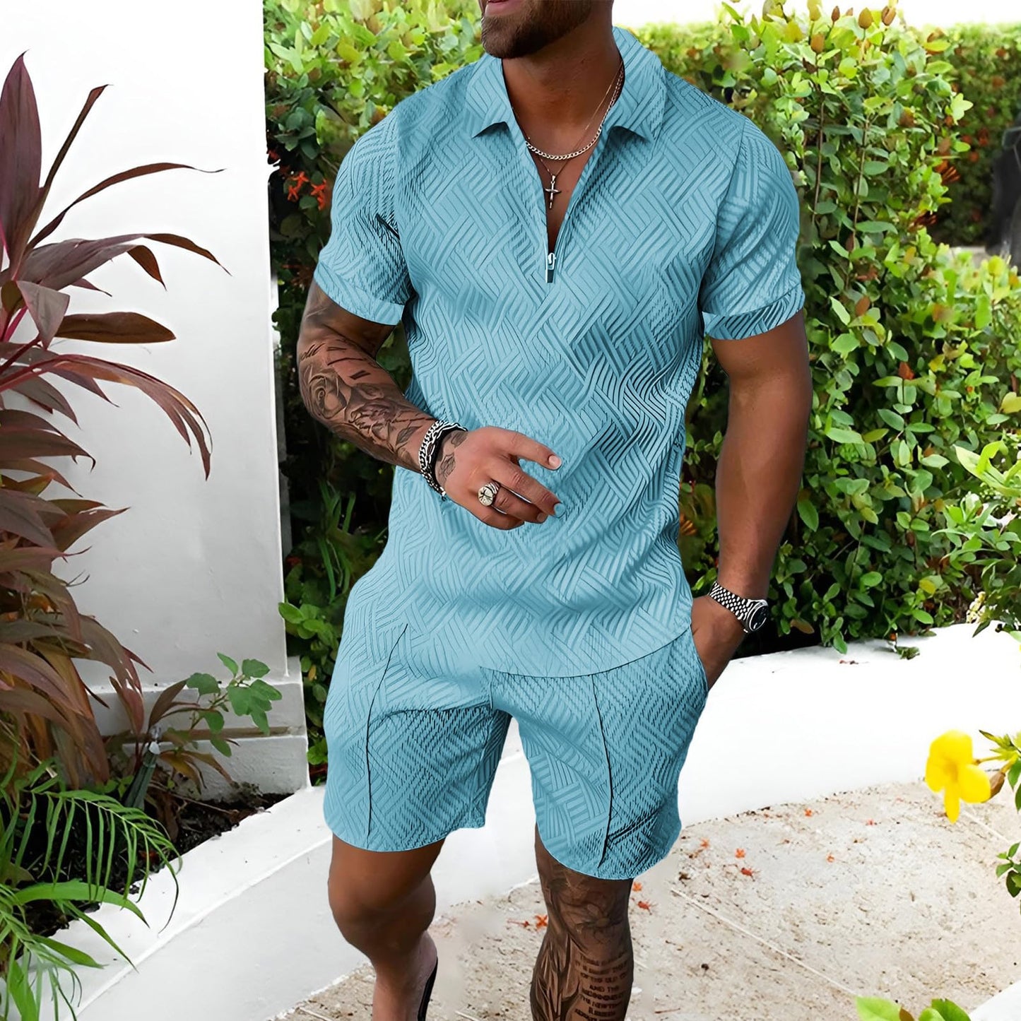 Herren Sportanzug Sommer Trainingsanzug Kurzarm Reißverschluss Top und Shorts Kleidung Set
