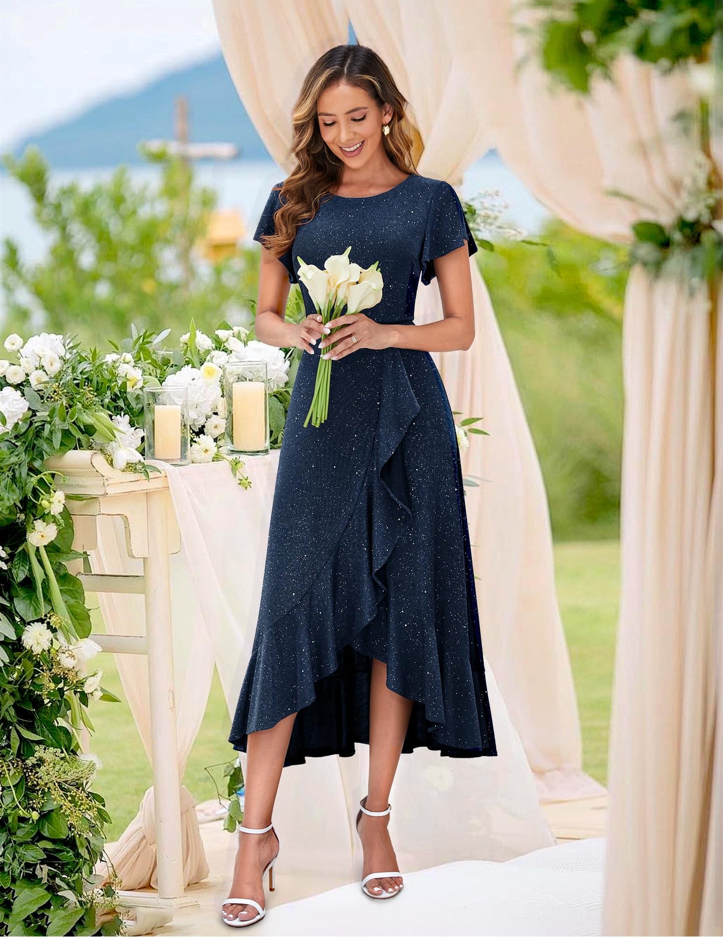 Berylove Damen Abendkleid Lang Glitzer Ballkleid mit Rüschen Saum Kleid Festliche Kleider für Hochzeit Partykleid
