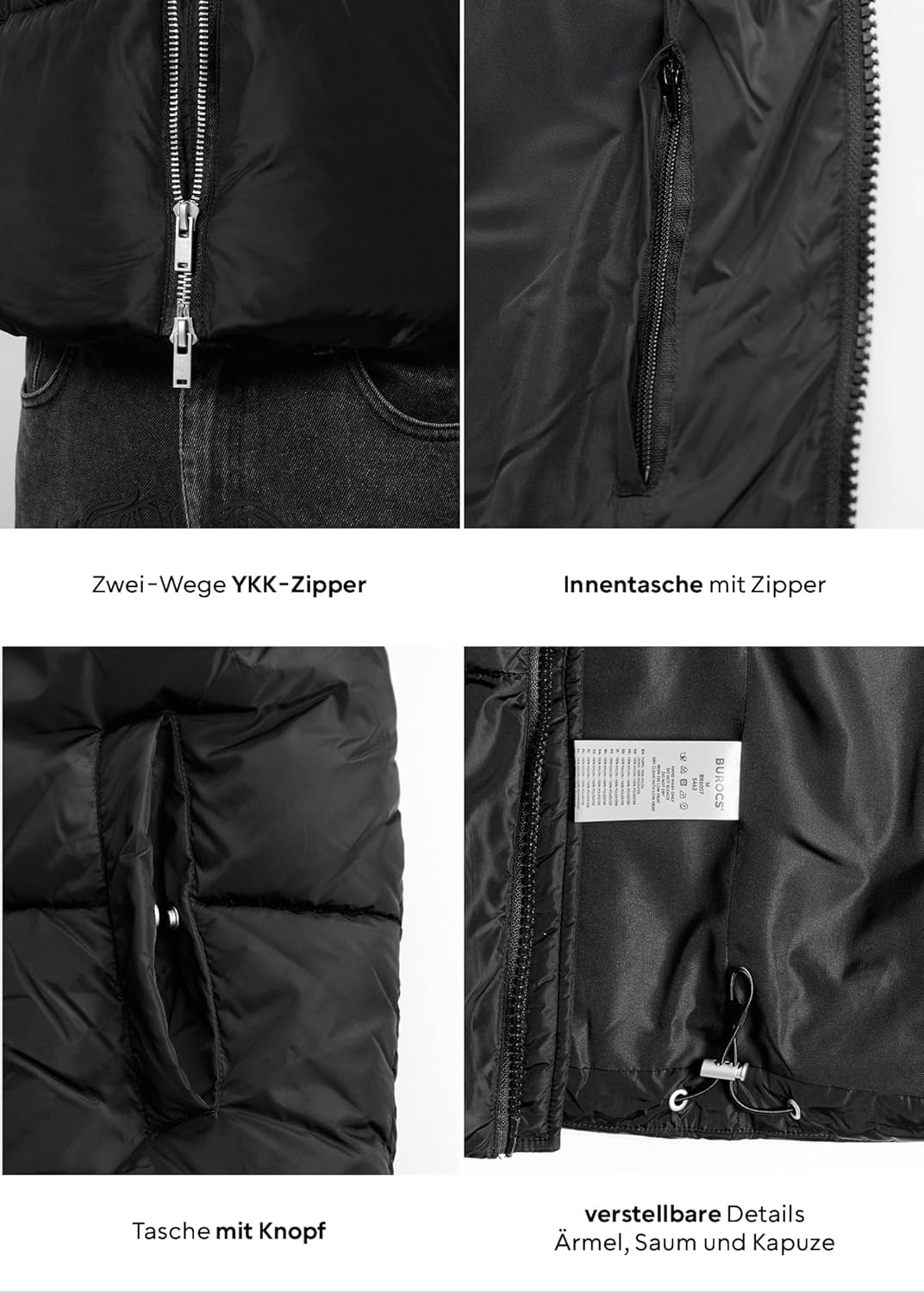Burocs Hooded Puffer Jacket - Black Glossy - Oversized Herrenjacke - abnehmbare Kapuze - Reißverschluss - Innentasche