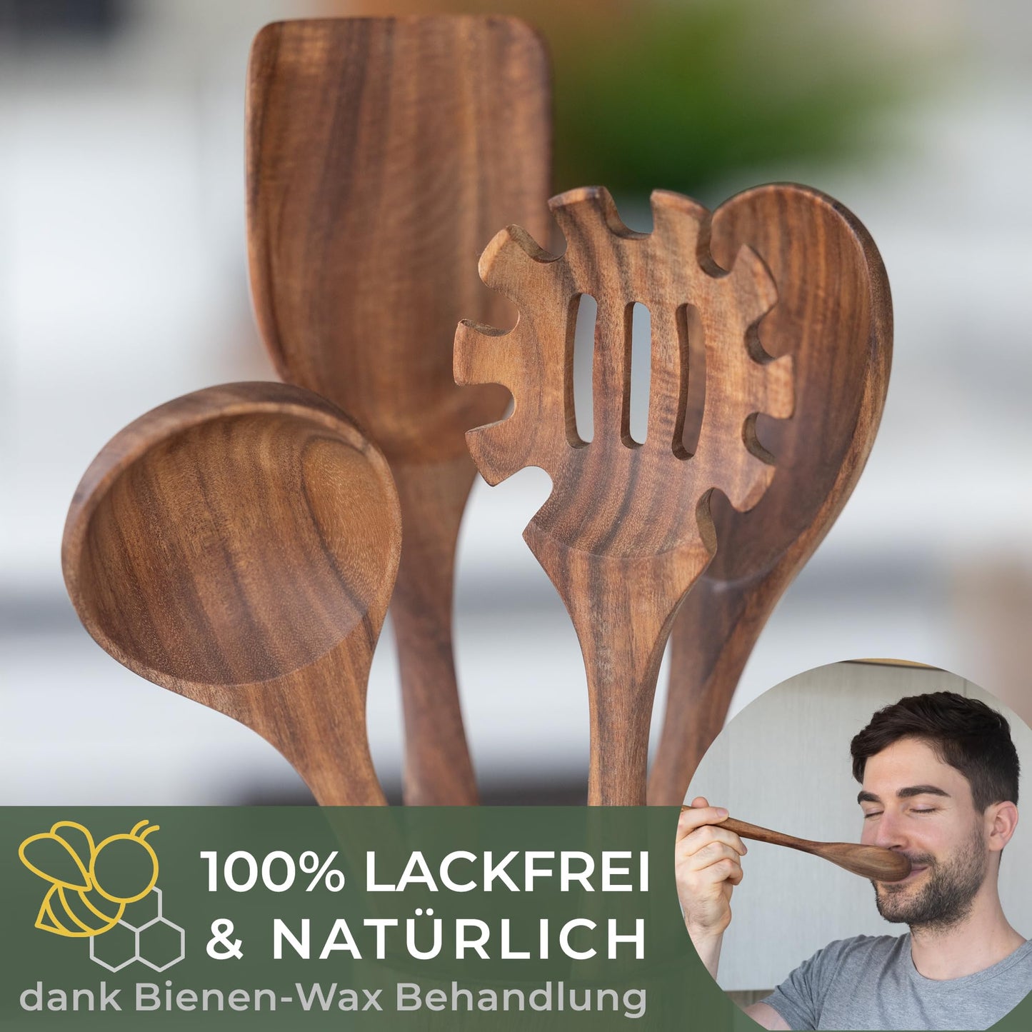 WALDWERK Küchenhelfer Set aus Teakholz - 4 teiliges Kochlöffel Set mit Pfannenwender, Holzlöffel, Nudelschöpfer und Halterung - Kochlöffel Holz - Pfannenwender Holz - Kochutensilien Set