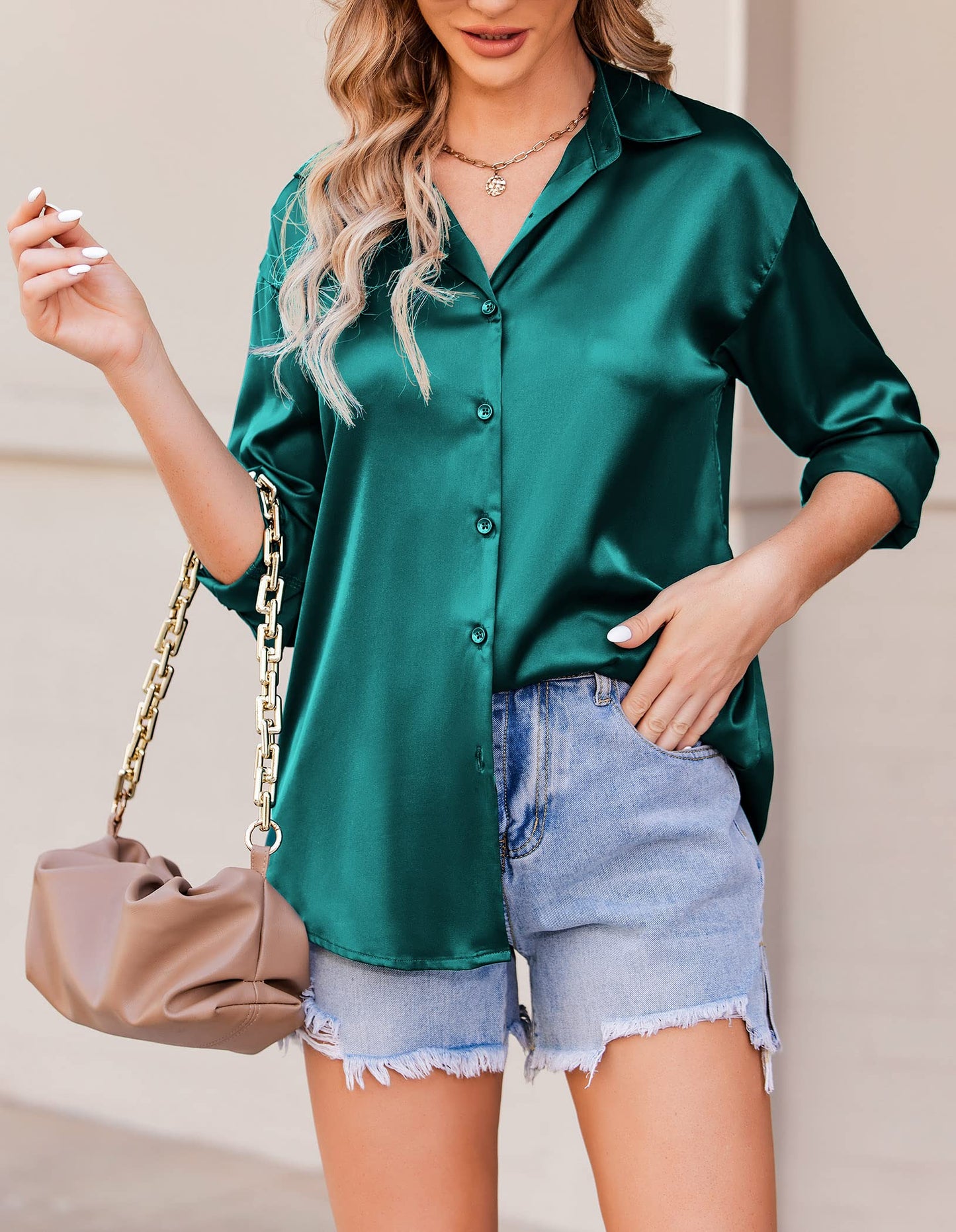 Beyove Damen Bluse Satin Seide V-Ausschnitt Hemden Elegant Langarm Business Oberteile mit Knöpfen Tops Lose Langarmshirt