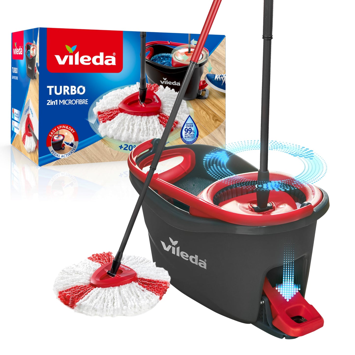 Vileda Turbo Wischmopp Komplett Set, Bodenwischer mit Teleskopstiel, Mikrofaser Moppkopf mit Kraftfasern und Eimer mit Powerschleuder, schnell und reinigungsstark, Stiellänge 75-130cm