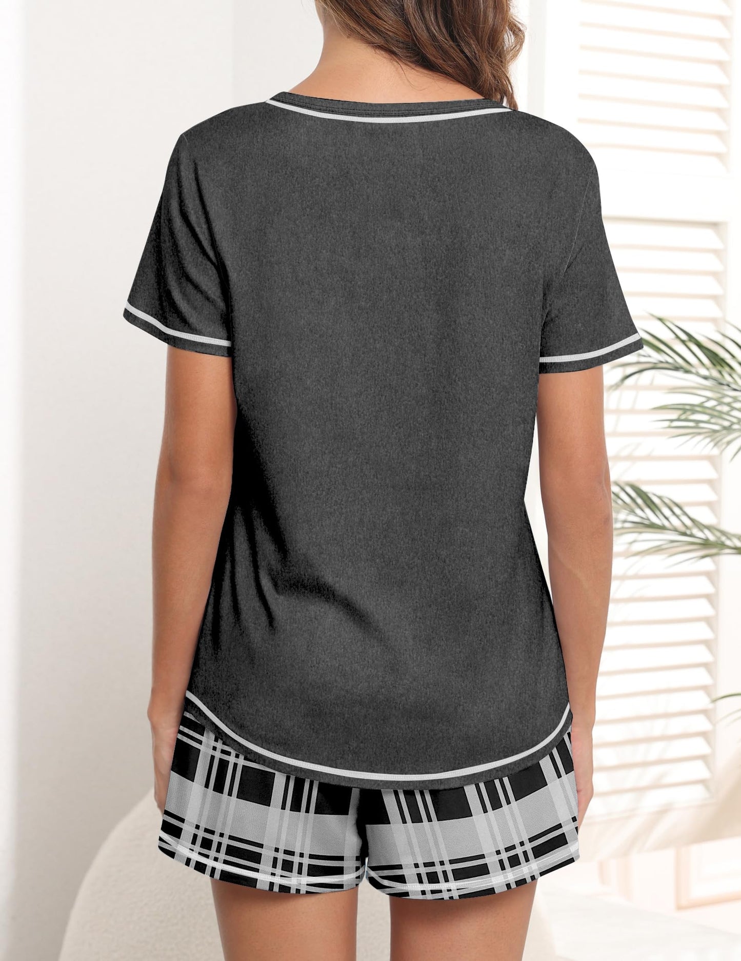 Ekouaer Schlafanzug Damen Kurz Pyjama Set Kurzarm Sommer Nachtwäsche Gedruckt with Taschen S-XXL