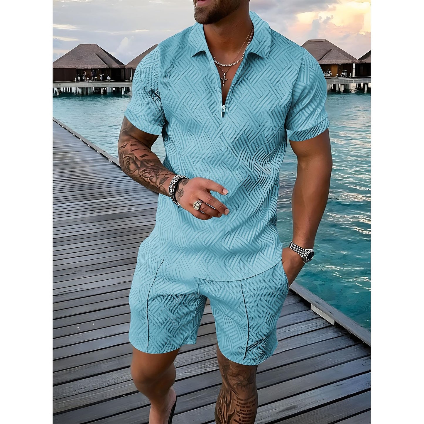 Herren Sportanzug Sommer Trainingsanzug Kurzarm Reißverschluss Top und Shorts Kleidung Set