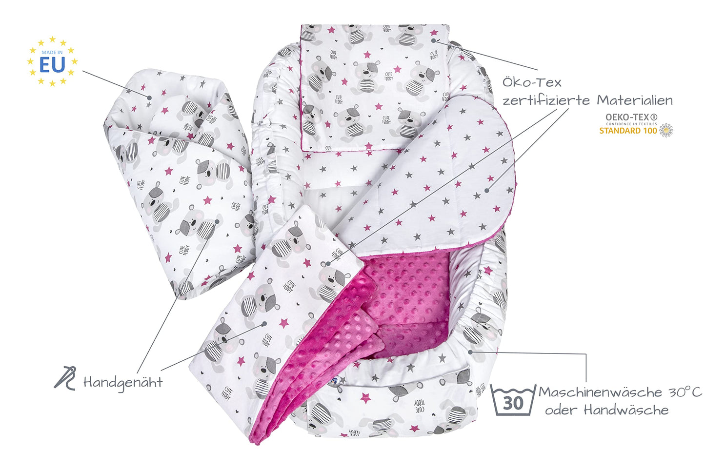 Medi Partners Babynest Nestchen Baby Set für Neugeborene - 100x60x15 Kuschelnest 5 teilig tragbar Nest zweiseitig Babynestchen Bett 100% Baumwolle (Lichtung mit grauem Minky)