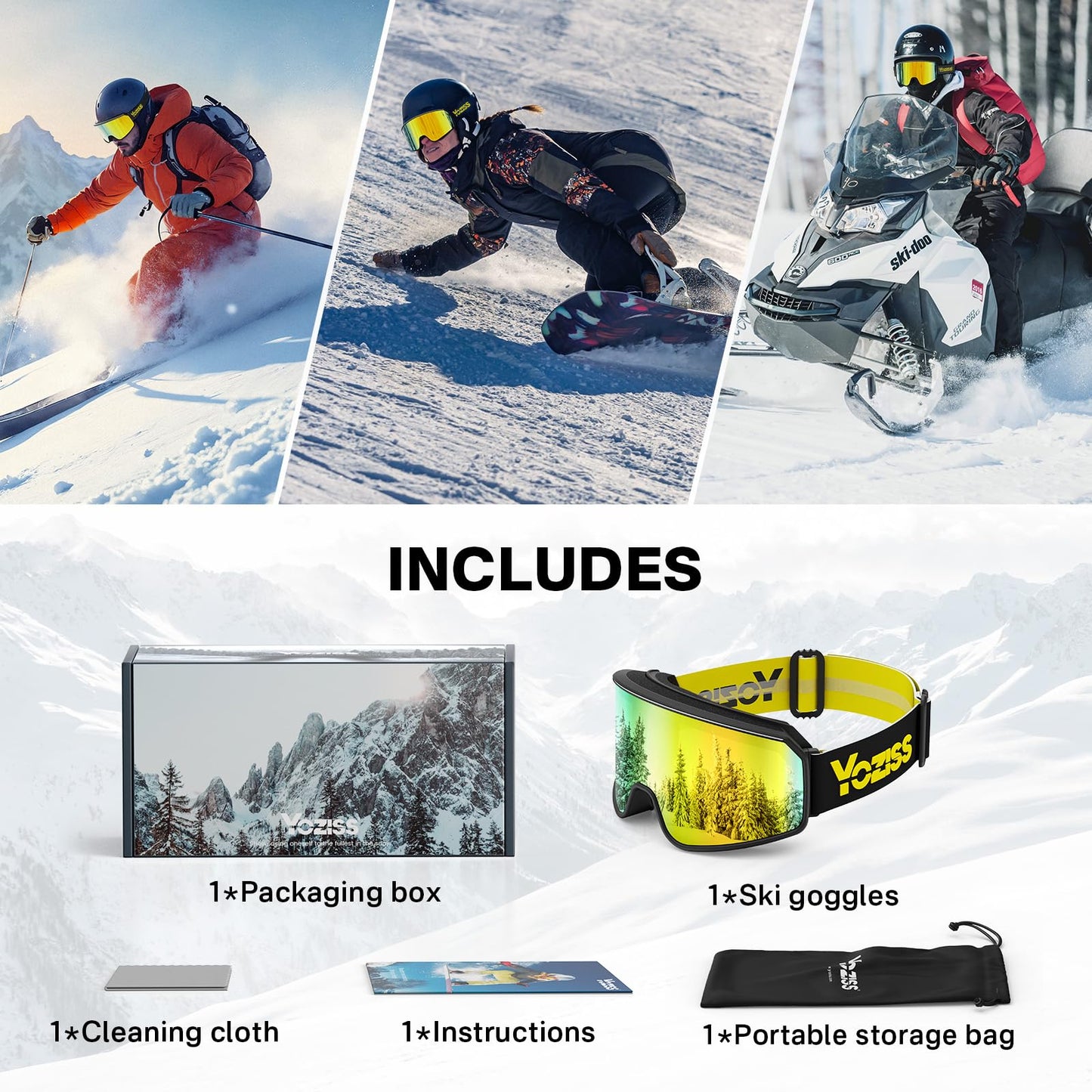 YOZISS OTG Ski Goggles for Men and Women, Magnetic Snowboard Goggles Anti-Fog & 100% UV Protection, OTG Ski Goggles Snow Goggles for Skiing & Winter Sports