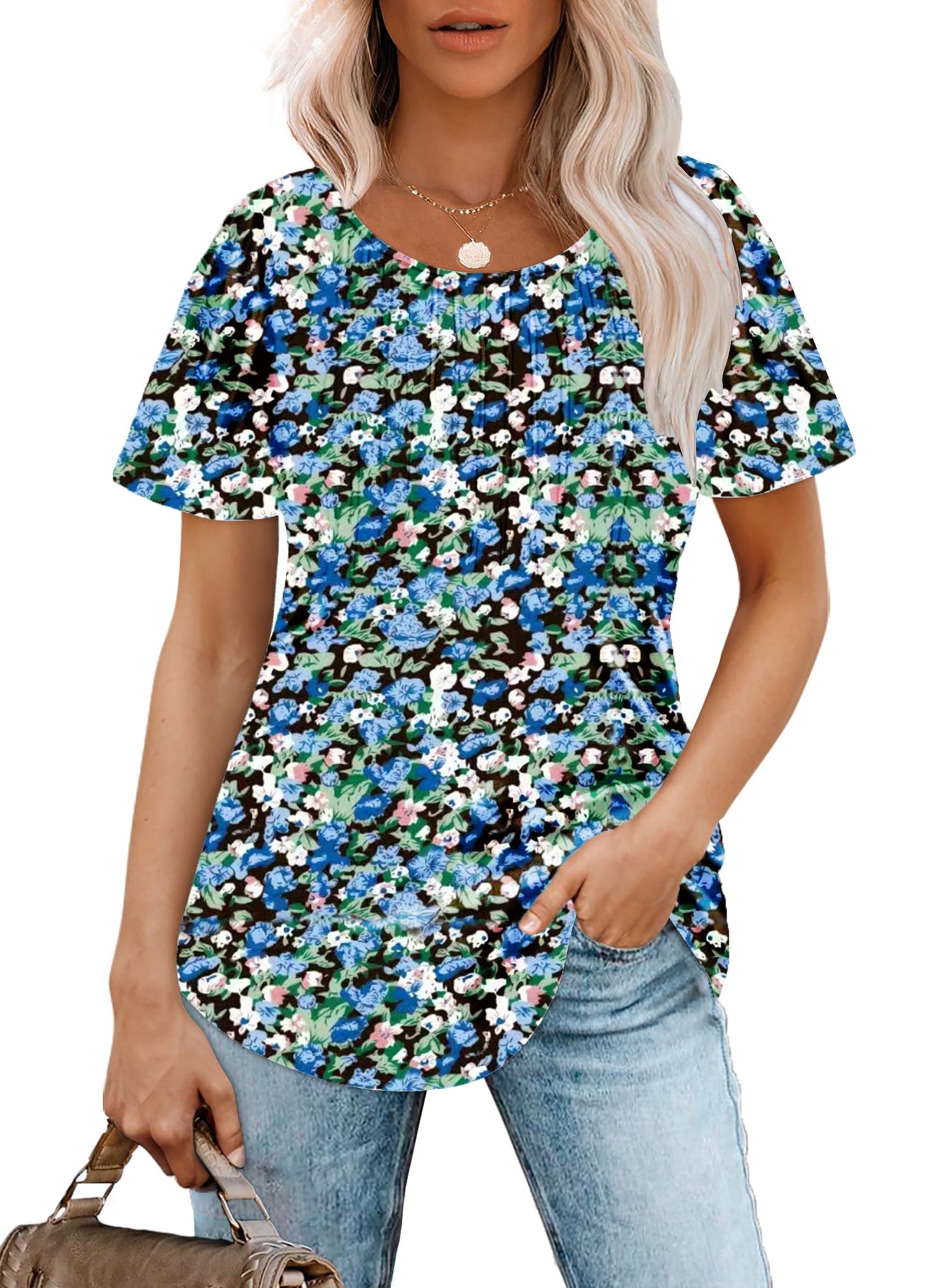 Cuptacc Tshirt Damen Rundhals Mit Falten Locker Puffärmel T-Shirt Elegant Kurzarm Geblümt/Einfarbig Top Damen