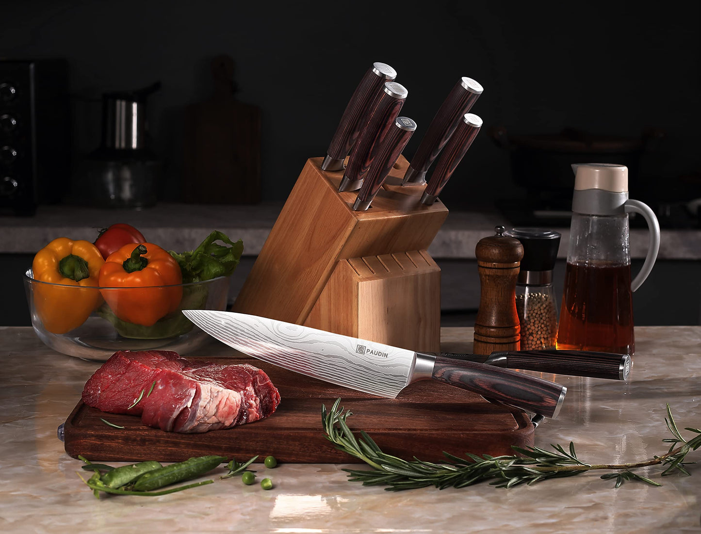 PAUDIN Messerblock, 14-teiliges Messer-Set für die Küche, scharf, hochwertiges deutsches Edelstahlmesser-Set mit Holzblock, Messerschäfer und Schere