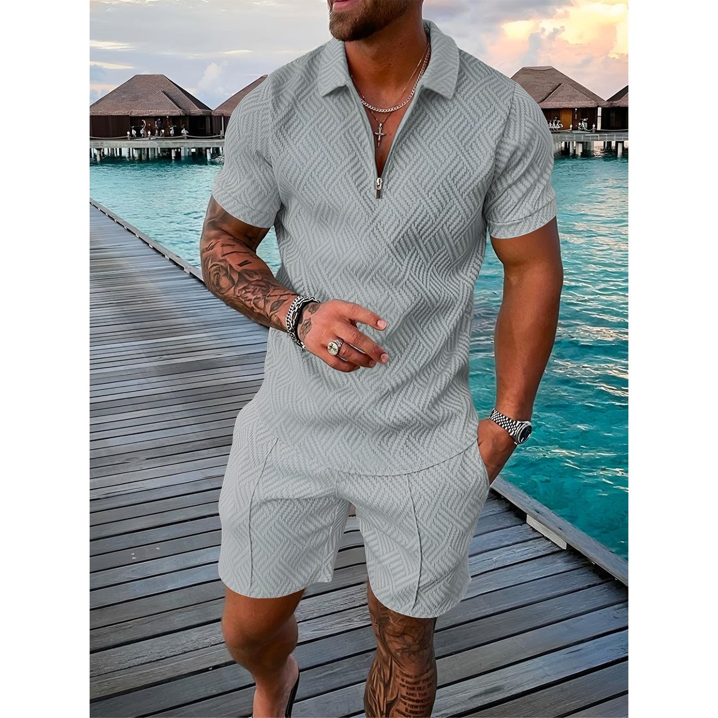 Herren Sportanzug Sommer Trainingsanzug Kurzarm Reißverschluss Top und Shorts Kleidung Set