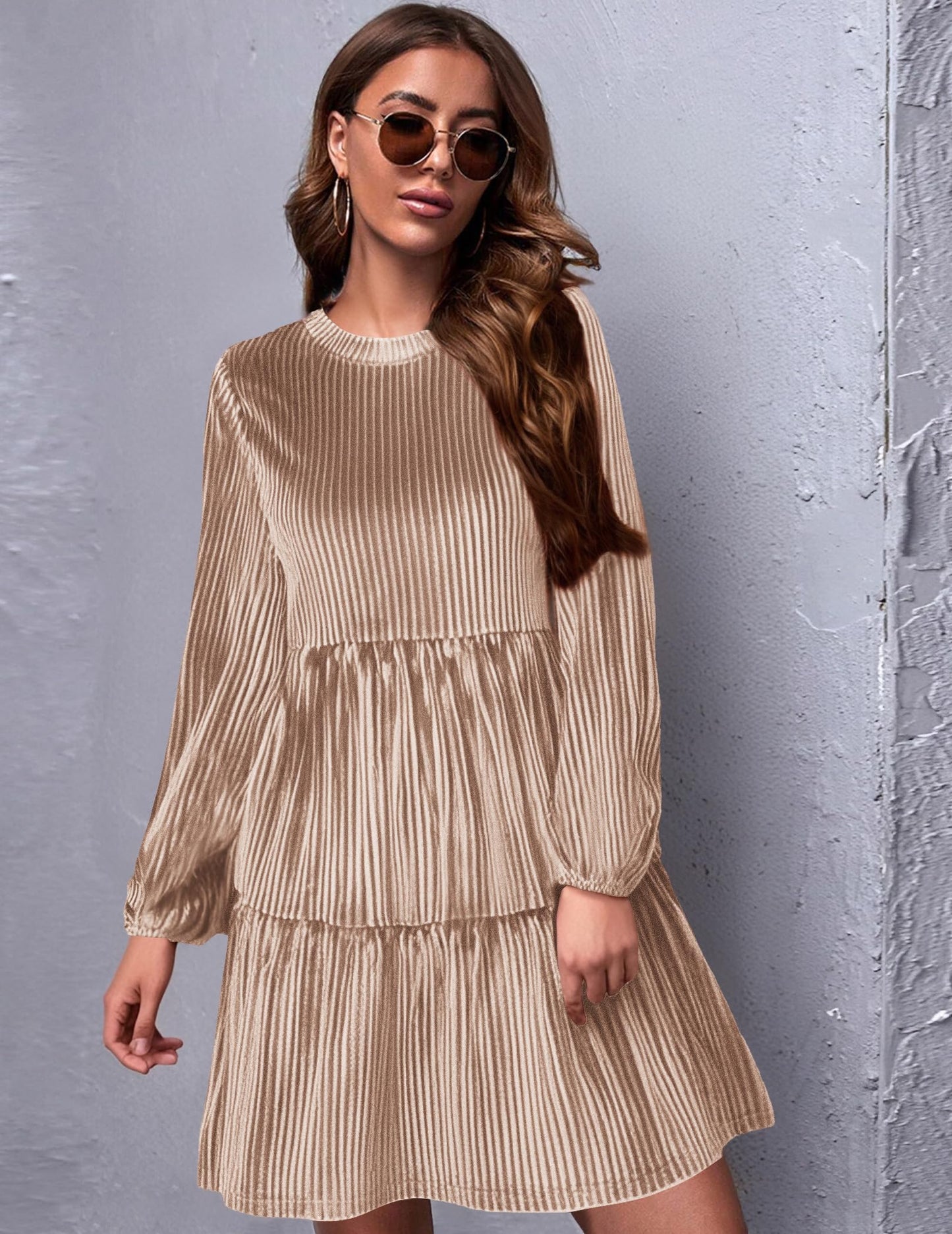 Zeagoo Damen Kleider Langarm Elegant Samtkleid Rundhals Rüschen A Linie Hohe Taille Freizeitkleider Winterkleid mit Taschen