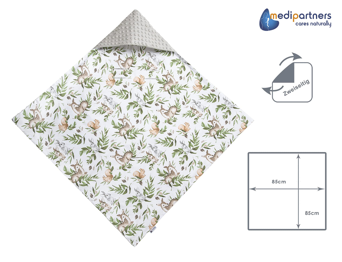 Medi Partners Einschlagdecke Baby Babyschale 100% Baumwolle für Sommer 85x85cm Kinderwagen Kuscheldecke universal Baby Decke Einschlagdecken Babydecke Buggy Autositz (weiße Sterne mit grauen Minky