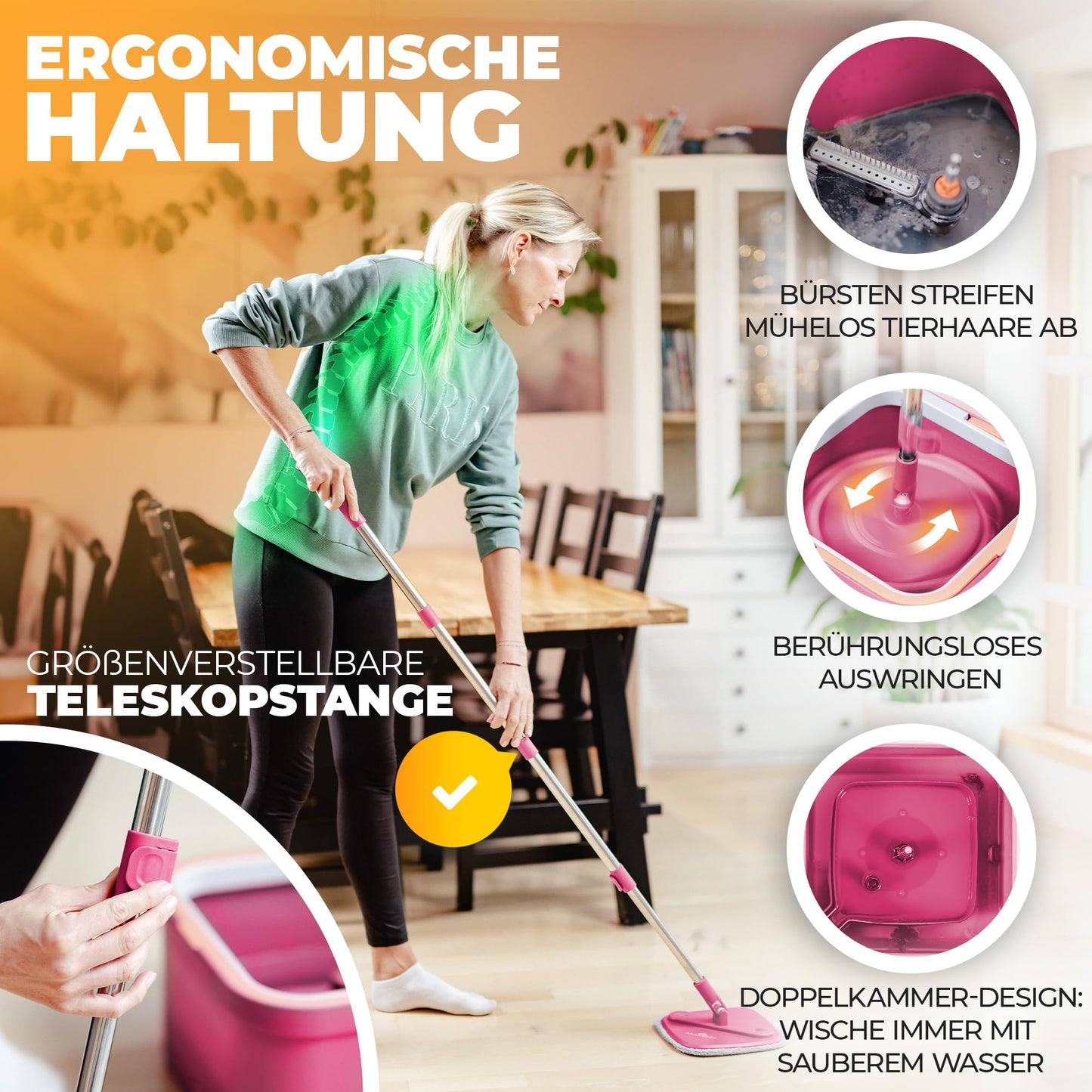ALANBERG® Wischmopp Set mit Eimer – Zwei-Kammer-System – Trennung von Schmutz und Frischwasser – Bodenwischer für alle Bodentypen, Selbstauswringend, Mikrofaser Wischpads – Grau