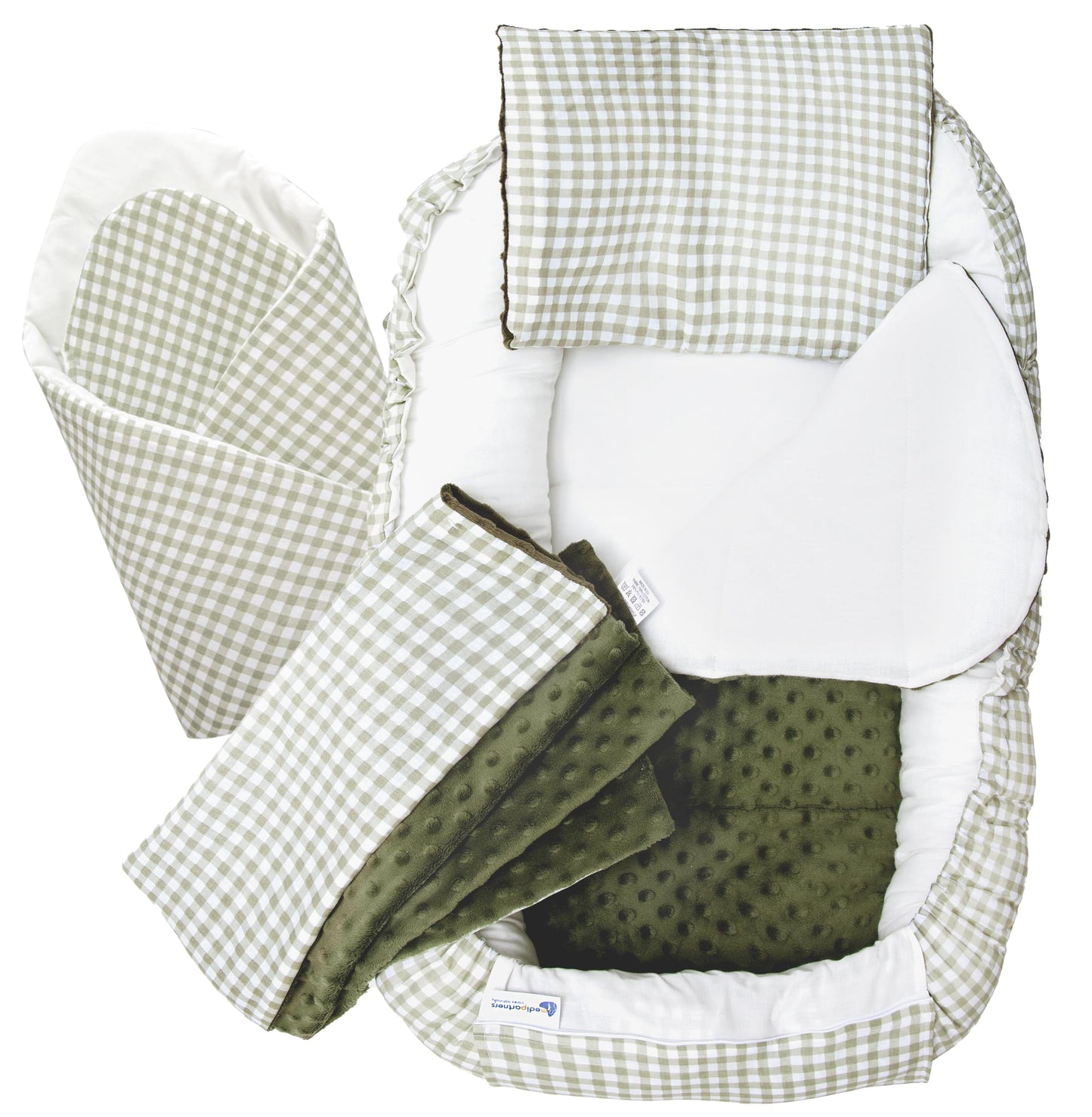 Medi Partners Babynest Nestchen Baby Set für Neugeborene - 100x60x15 Kuschelnest 5 teilig tragbar Nest zweiseitig Babynestchen Bett 100% Baumwolle (Lichtung mit grauem Minky)