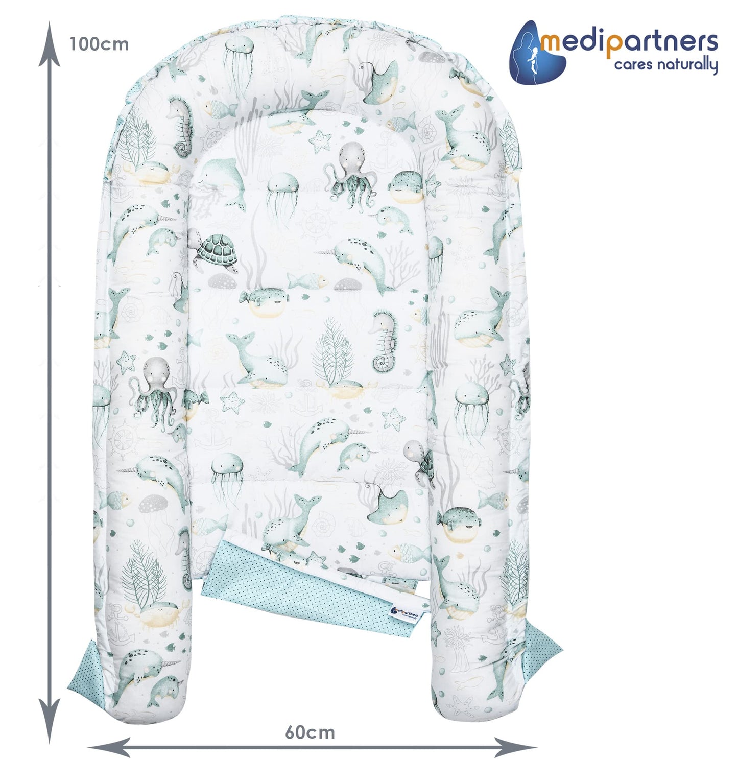Medi Partners Babynest Nestchen Baby Set für Neugeborene - 100x60x15 Kuschelnest 5 teilig tragbar Nest zweiseitig Babynestchen Bett 100% Baumwolle (Lichtung mit grauem Minky)