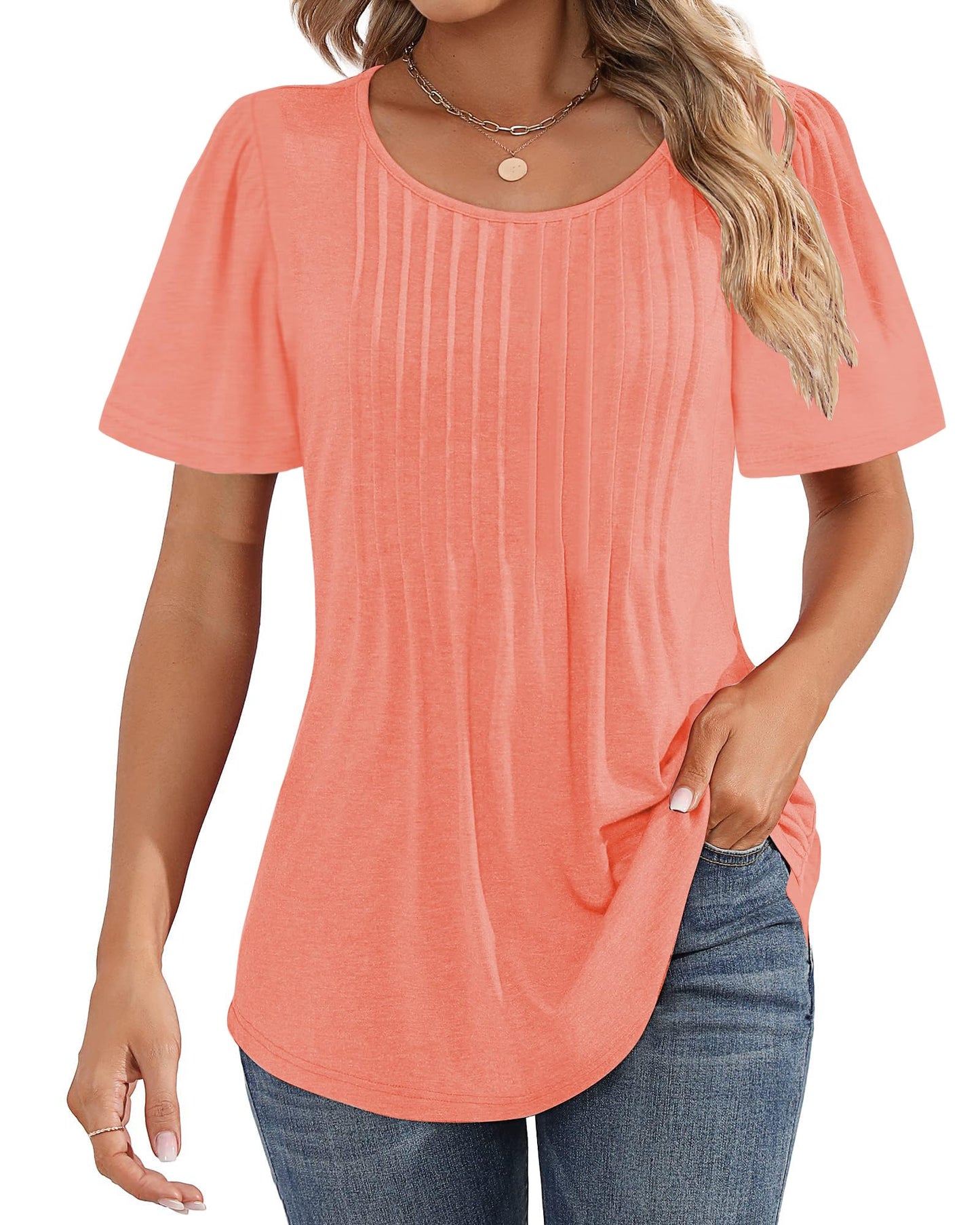Cuptacc Tshirt Damen Rundhals Mit Falten Locker Puffärmel T-Shirt Elegant Kurzarm Geblümt/Einfarbig Top Damen
