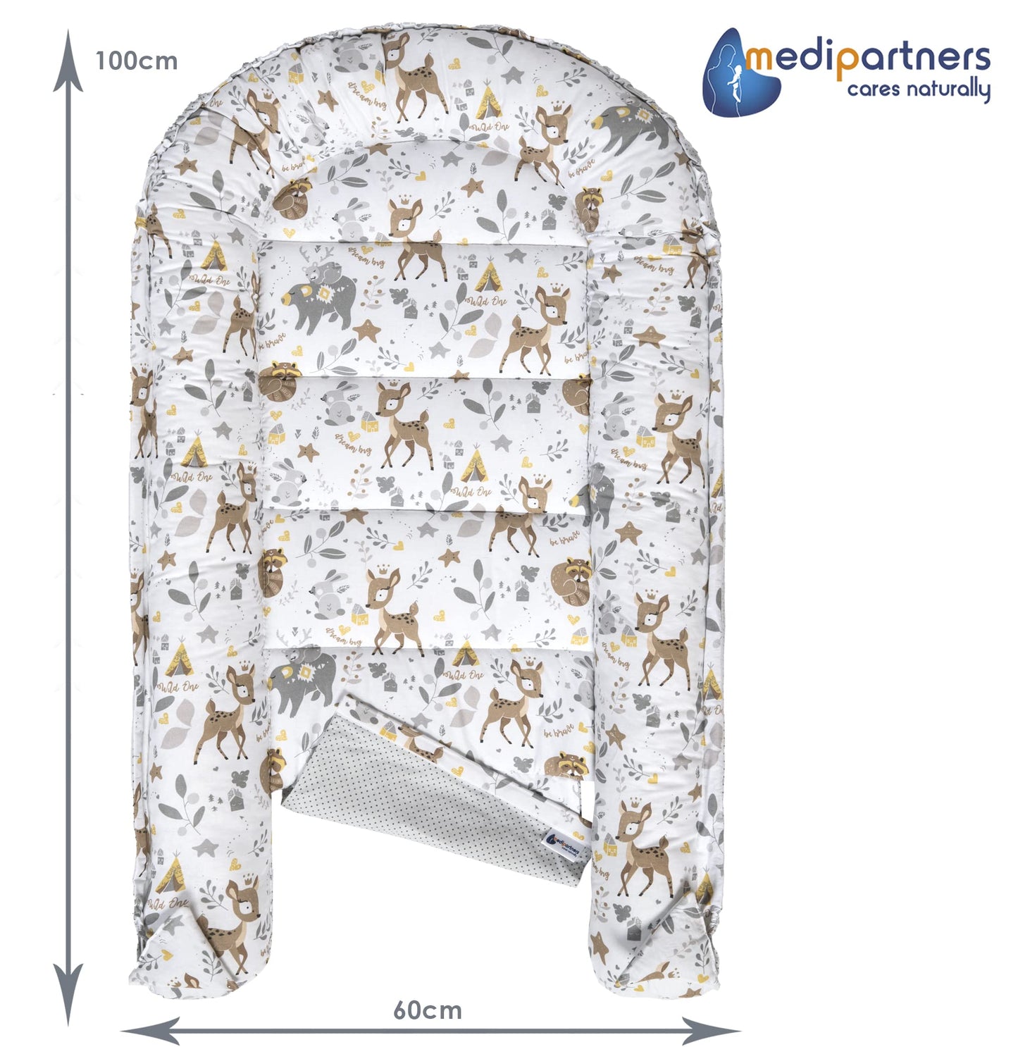 Medi Partners Babynest Nestchen Baby Set für Neugeborene - 100x60x15 Kuschelnest 5 teilig tragbar Nest zweiseitig Babynestchen Bett 100% Baumwolle (Lichtung mit grauem Minky)