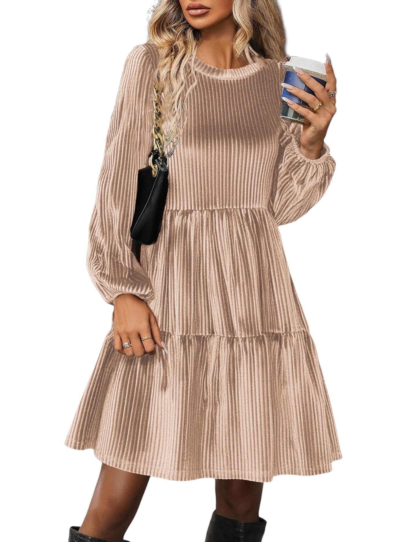Zeagoo Damen Kleider Langarm Elegant Samtkleid Rundhals Rüschen A Linie Hohe Taille Freizeitkleider Winterkleid mit Taschen