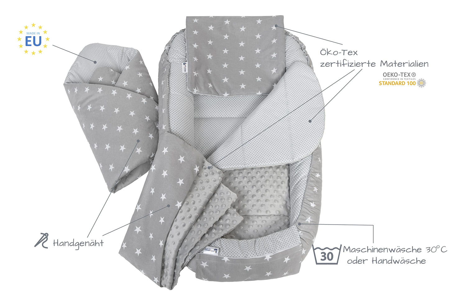 Medi Partners Babynest Nestchen Baby Set für Neugeborene - 100x60x15 Kuschelnest 5 teilig tragbar Nest zweiseitig Babynestchen Bett 100% Baumwolle (Lichtung mit grauem Minky)