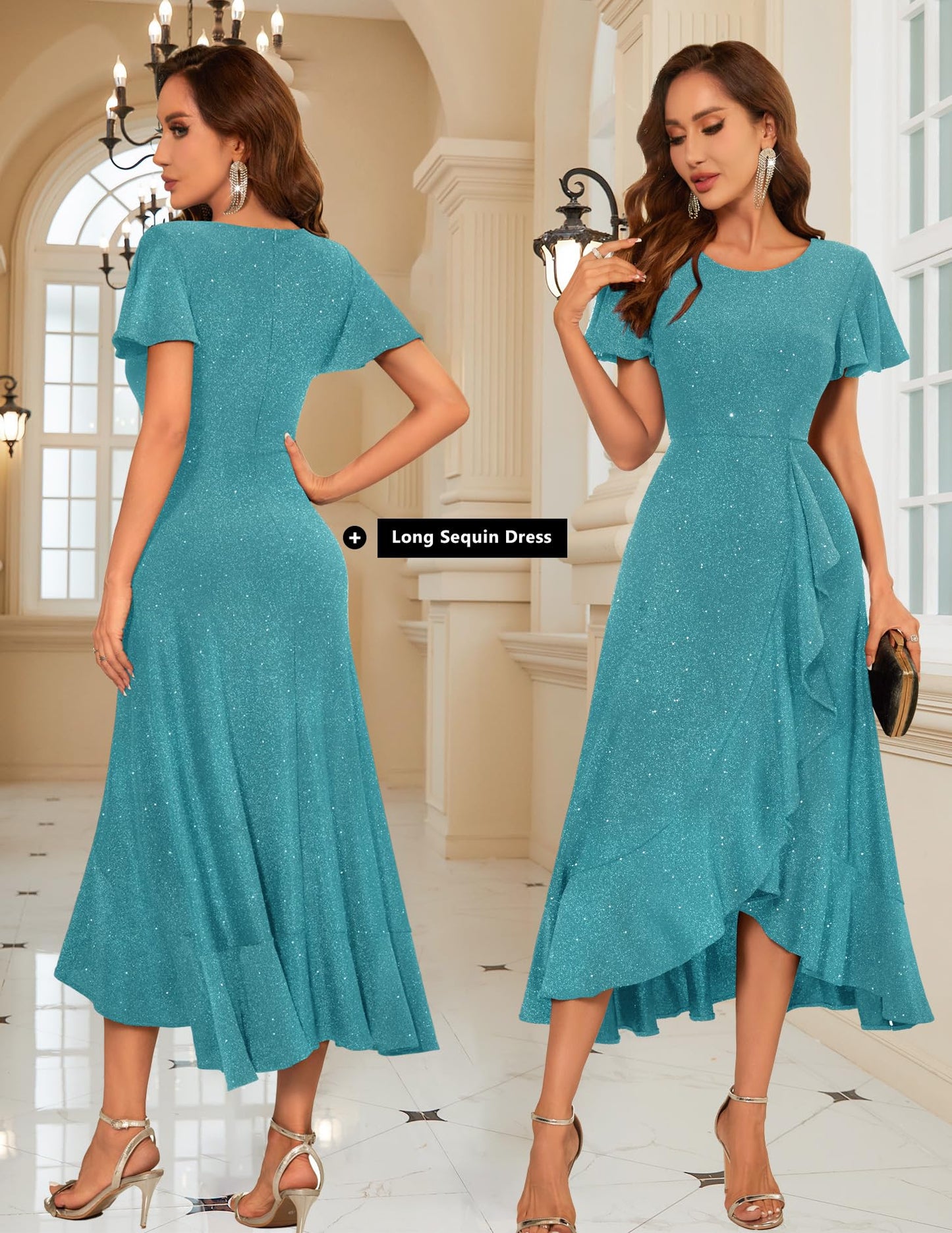Berylove Damen Abendkleid Lang Glitzer Ballkleid mit Rüschen Saum Kleid Festliche Kleider für Hochzeit Partykleid