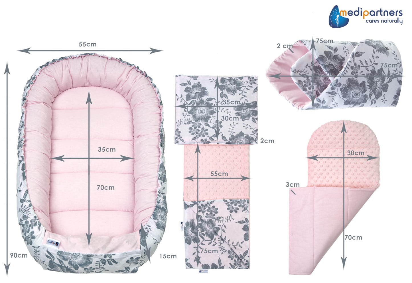 Medi Partners Babynest Nestchen Baby Set für Neugeborene - 100x60x15 Kuschelnest 5 teilig tragbar Nest zweiseitig Babynestchen Bett 100% Baumwolle (Lichtung mit grauem Minky)